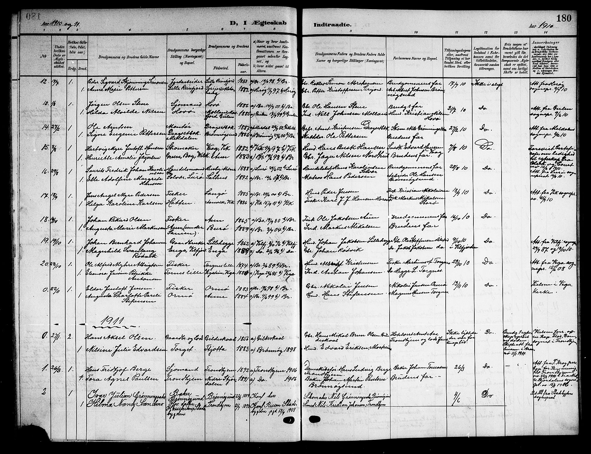 Ministerialprotokoller, klokkerbøker og fødselsregistre - Nordland, AV/SAT-A-1459/813/L0214: Parish register (copy) no. 813C06, 1904-1917, p. 180
