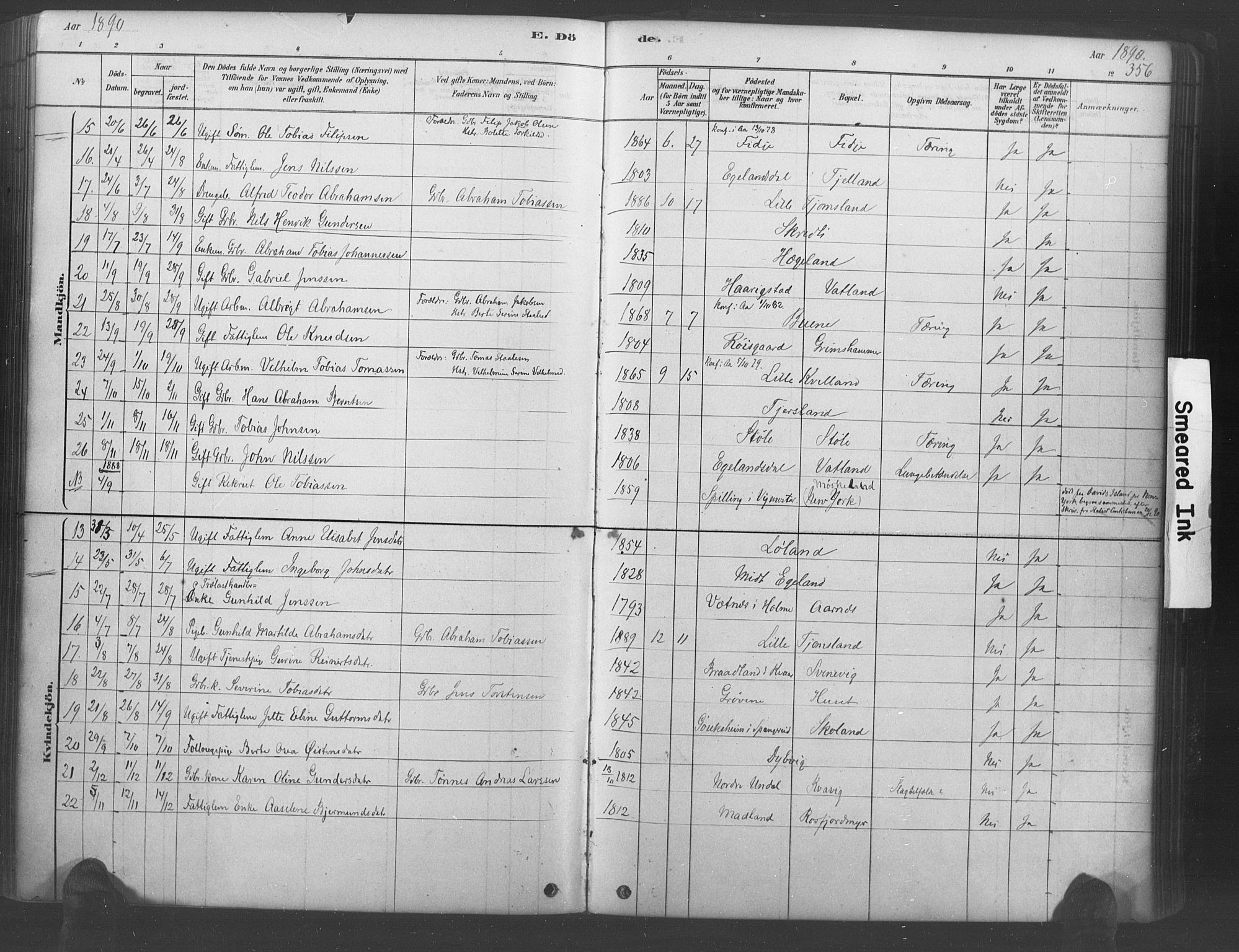 Lyngdal sokneprestkontor, AV/SAK-1111-0029/F/Fa/Fac/L0011: Parish register (official) no. A 11, 1878-1893, p. 356