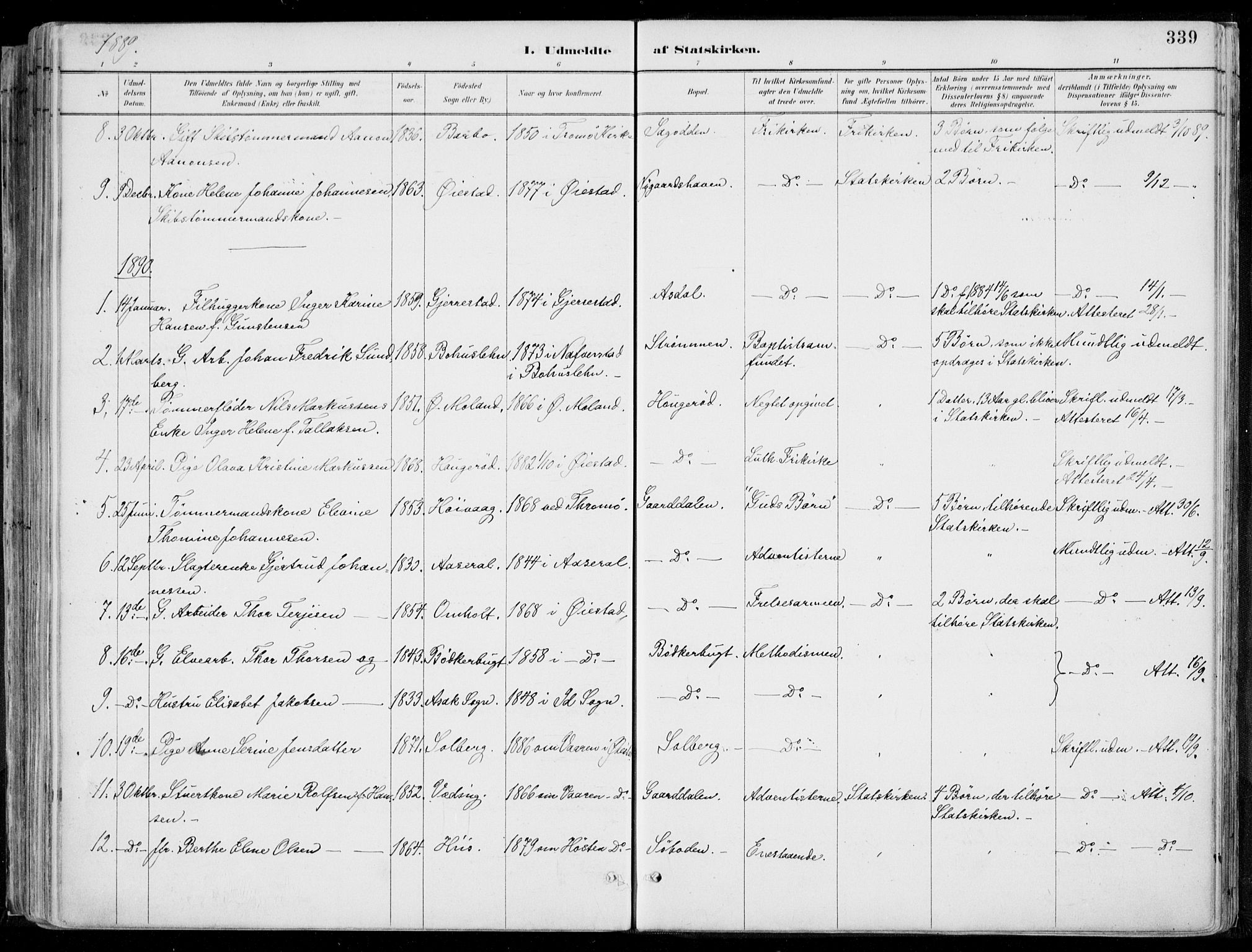 Øyestad sokneprestkontor, SAK/1111-0049/F/Fa/L0017: Parish register (official) no. A 17, 1887-1896, p. 339