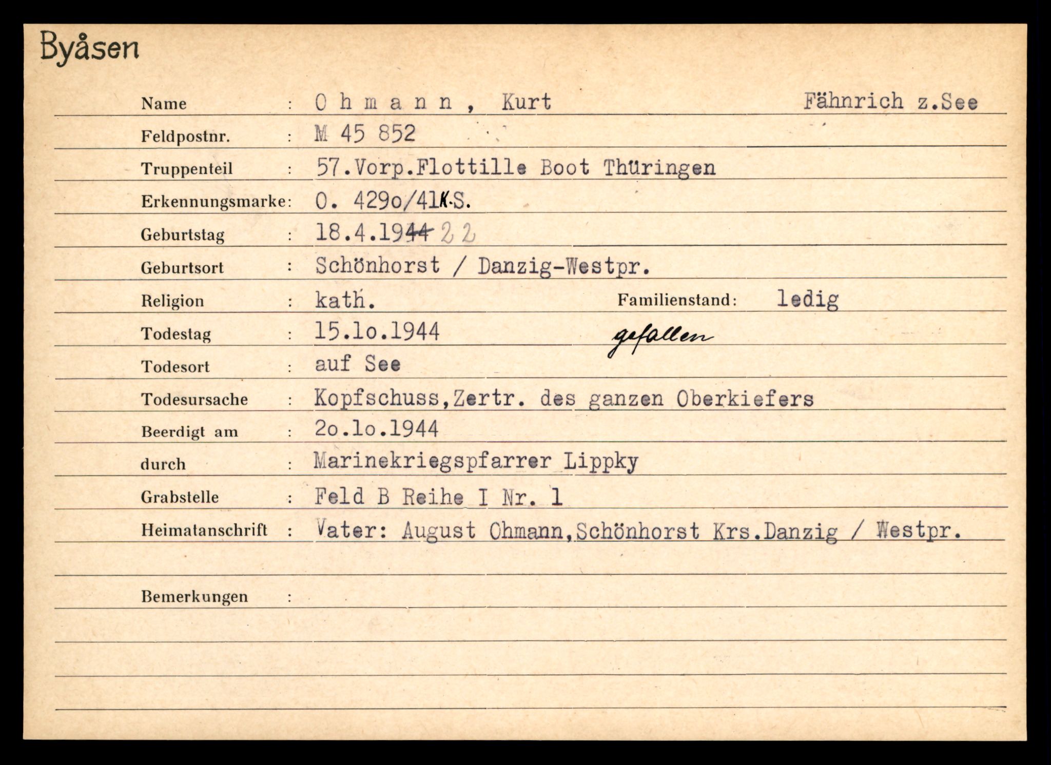 Distriktskontoret for krigsgraver, AV/SAT-A-5030/E/L0004: Kasett/kartotek over tysk Krigskirkegård på Byåsen, 1945, p. 1239