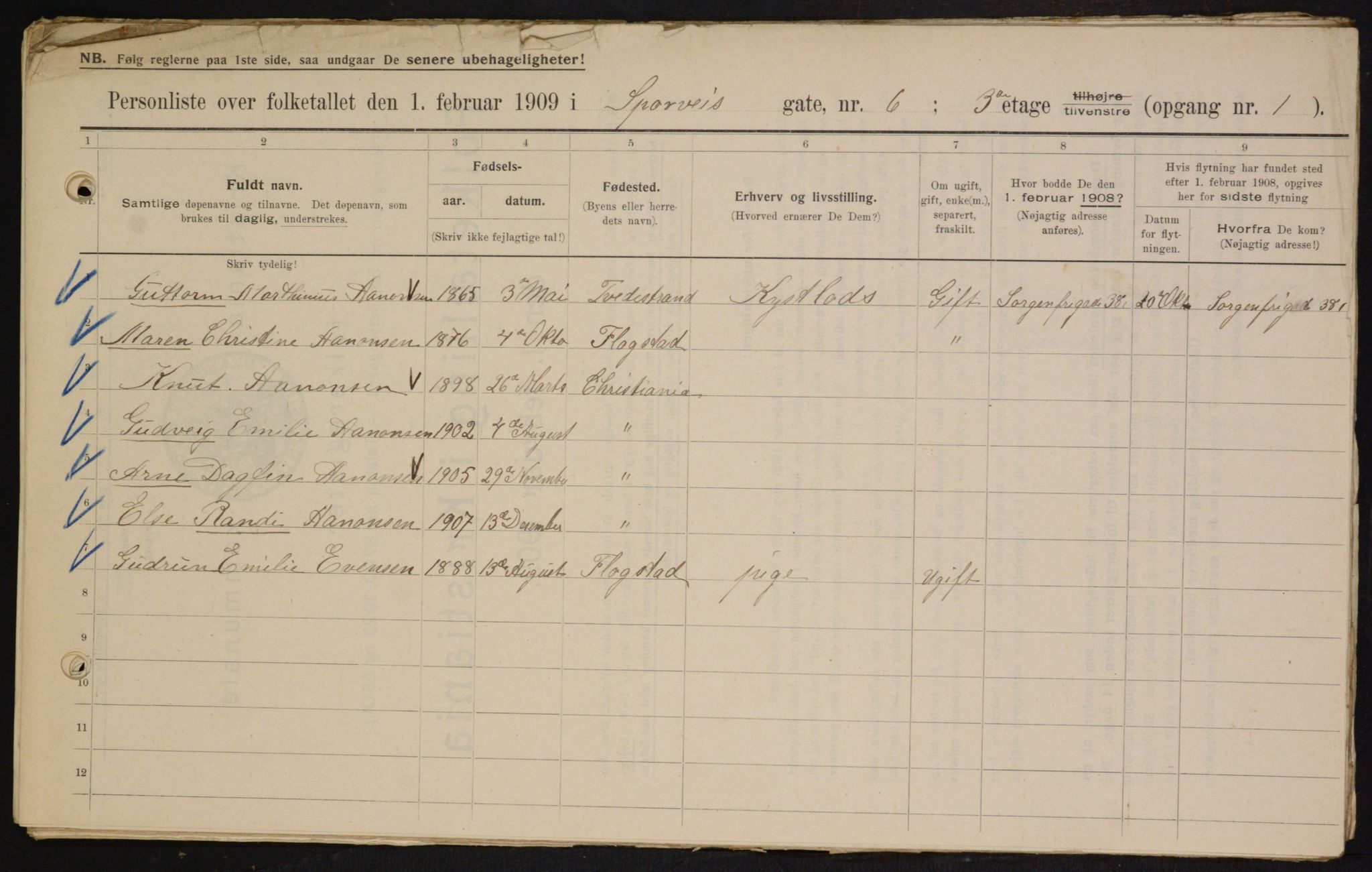 OBA, Municipal Census 1909 for Kristiania, 1909, p. 91007