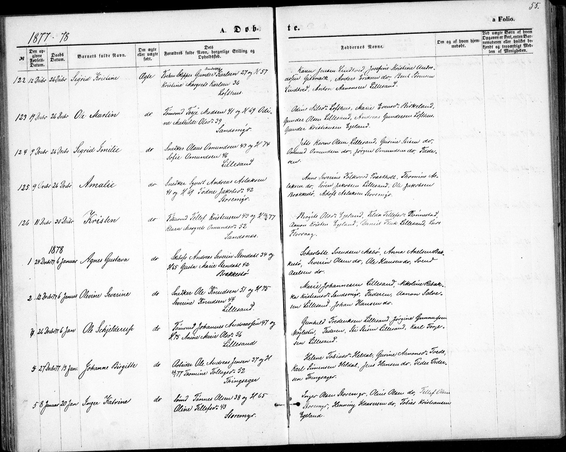 Vestre Moland sokneprestkontor, SAK/1111-0046/F/Fb/Fbb/L0005: Parish register (copy) no. B 5, 1872-1883, p. 55