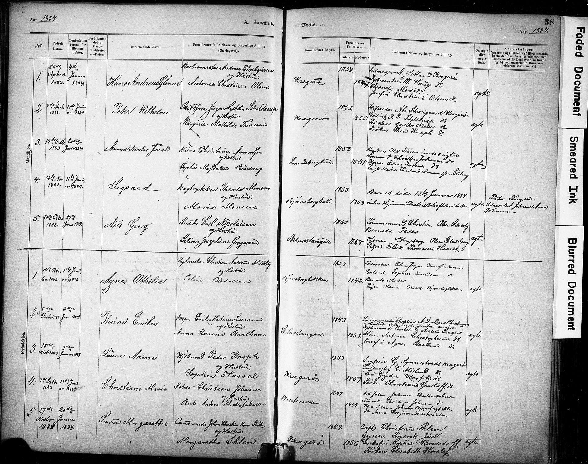Kragerø kirkebøker, AV/SAKO-A-278/G/Ga/L0007: Parish register (copy) no. 7, 1881-1927, p. 38