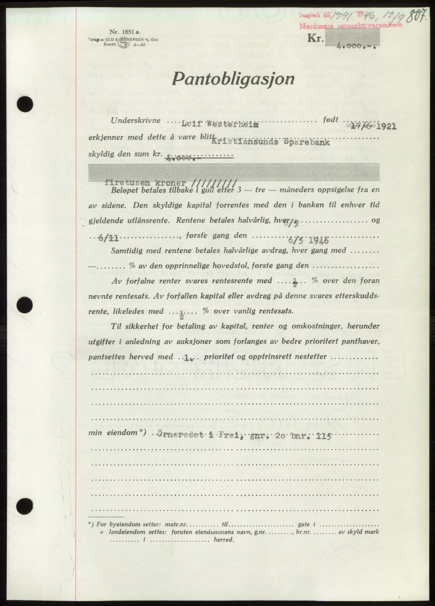 Nordmøre sorenskriveri, AV/SAT-A-4132/1/2/2Ca: Mortgage book no. B94, 1946-1946, Diary no: : 1791/1946