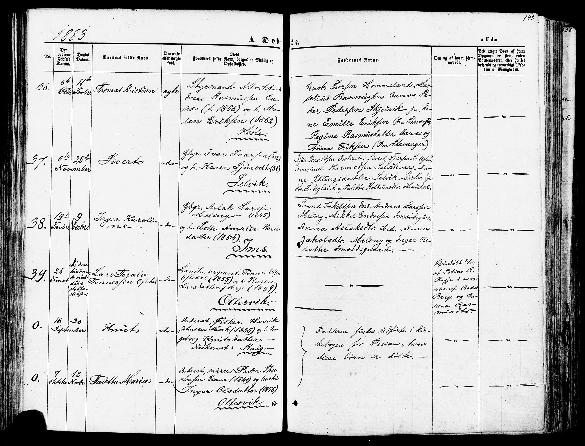 Høgsfjord sokneprestkontor, AV/SAST-A-101624/H/Ha/Haa/L0002: Parish register (official) no. A 2, 1855-1885, p. 143