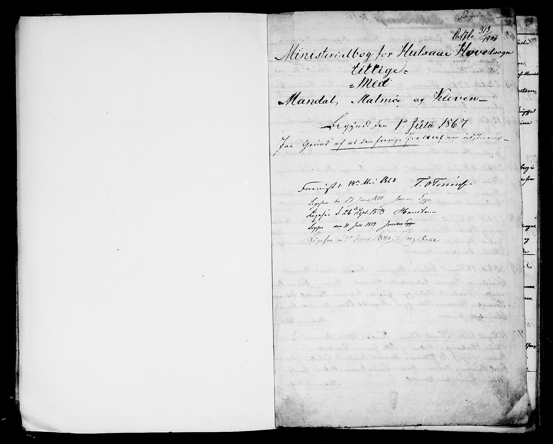 Mandal sokneprestkontor, AV/SAK-1111-0030/F/Fb/Fba/L0009: Parish register (copy) no. B 3, 1867-1877, p. 0-1