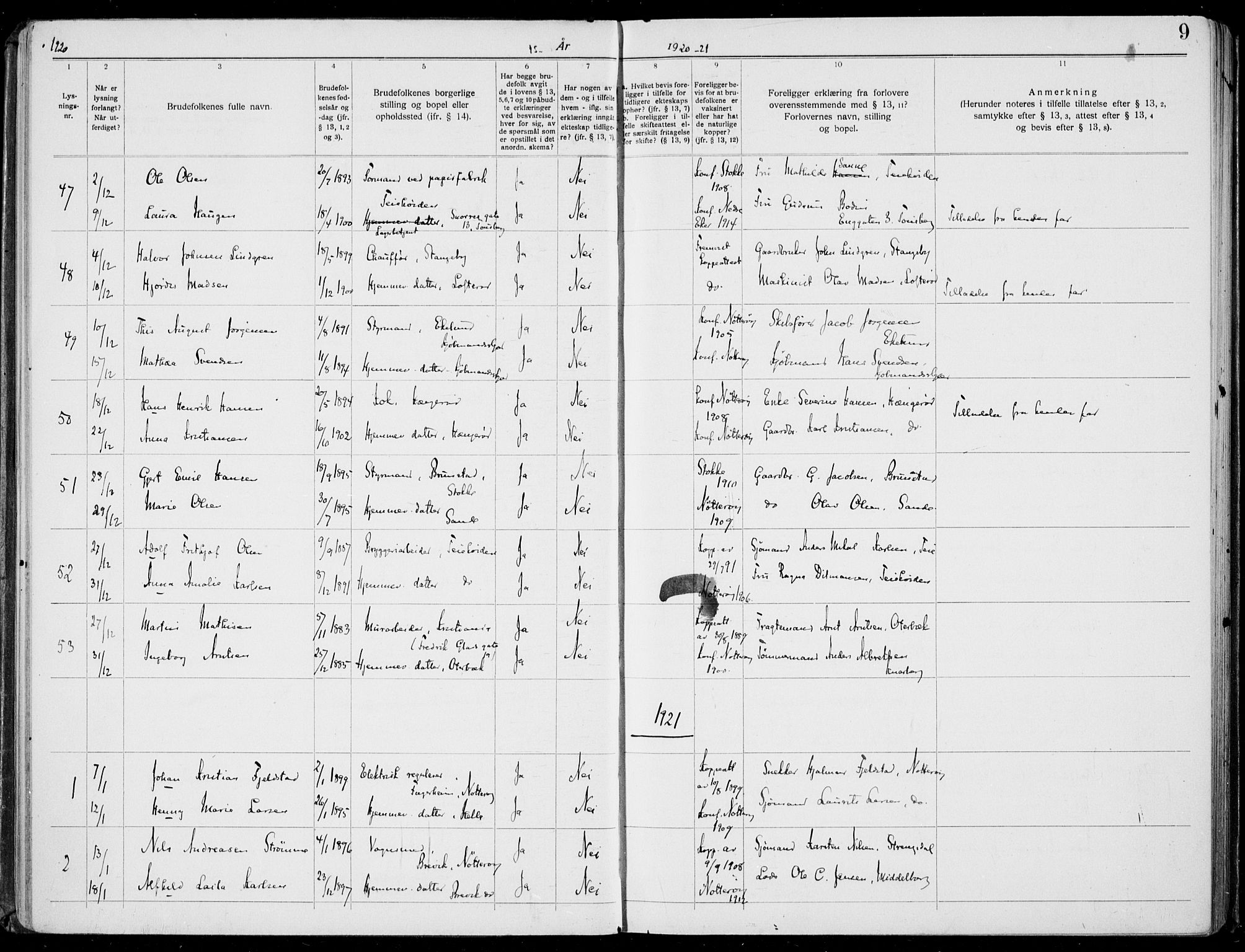 Nøtterøy kirkebøker, AV/SAKO-A-354/H/Ha/L0001: Banns register no. 1, 1919-1937, p. 9