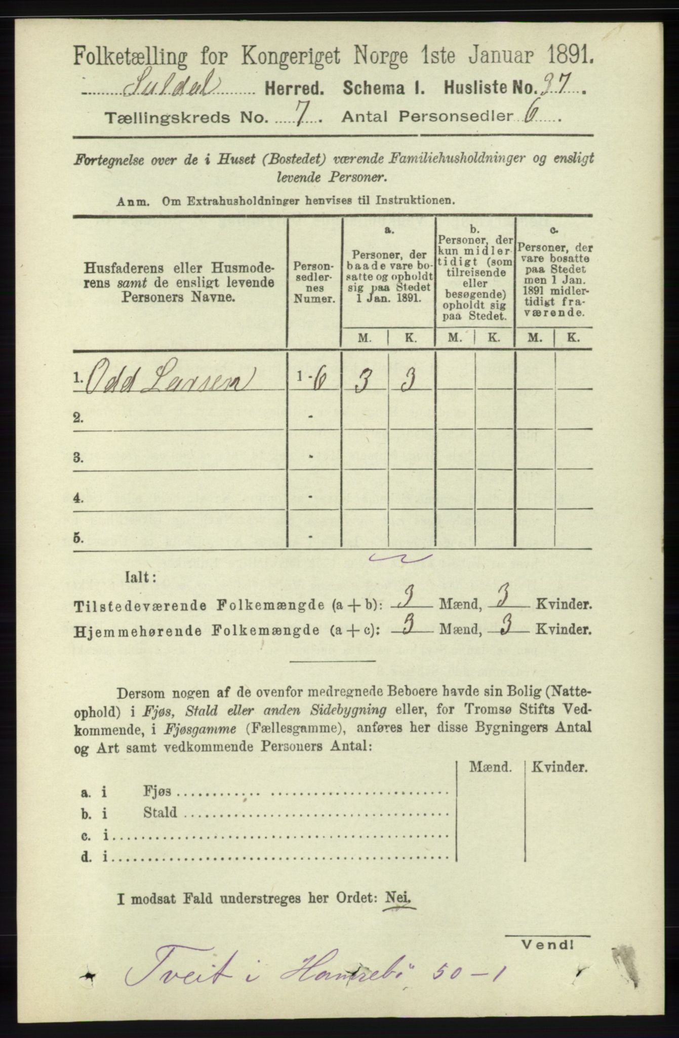 RA, 1891 census for 1134 Suldal, 1891, p. 1975