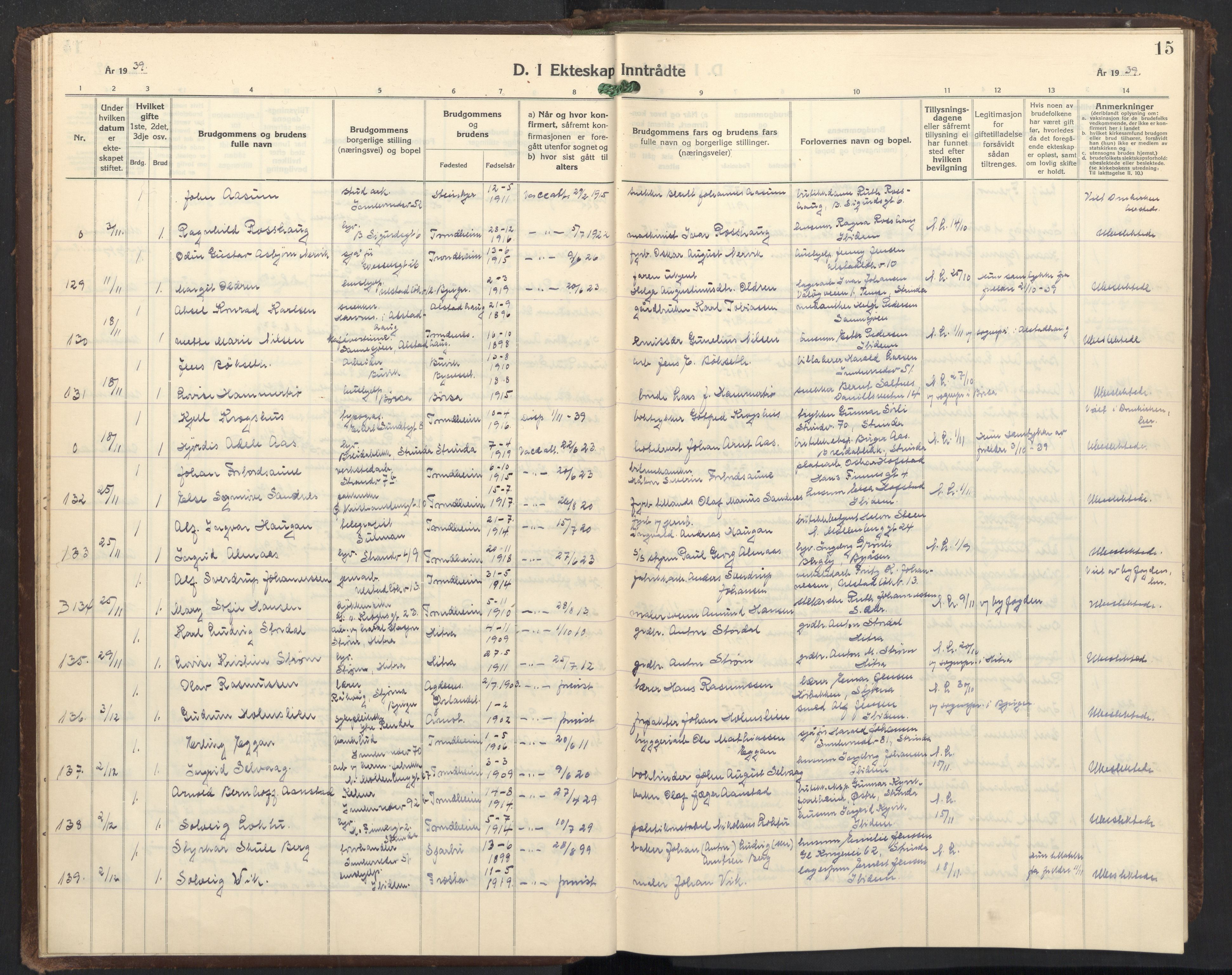 Ministerialprotokoller, klokkerbøker og fødselsregistre - Sør-Trøndelag, AV/SAT-A-1456/605/L0263: Parish register (copy) no. 605C10, 1938-1949, p. 15