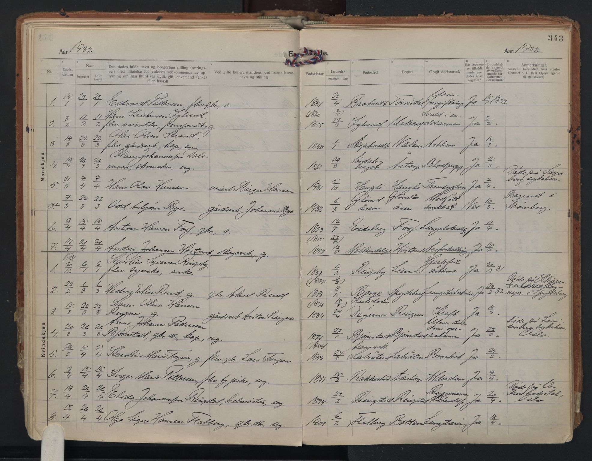 Rakkestad prestekontor Kirkebøker, AV/SAO-A-2008/F/Fa/L0016: Parish register (official) no. I 16, 1922-1943, p. 343