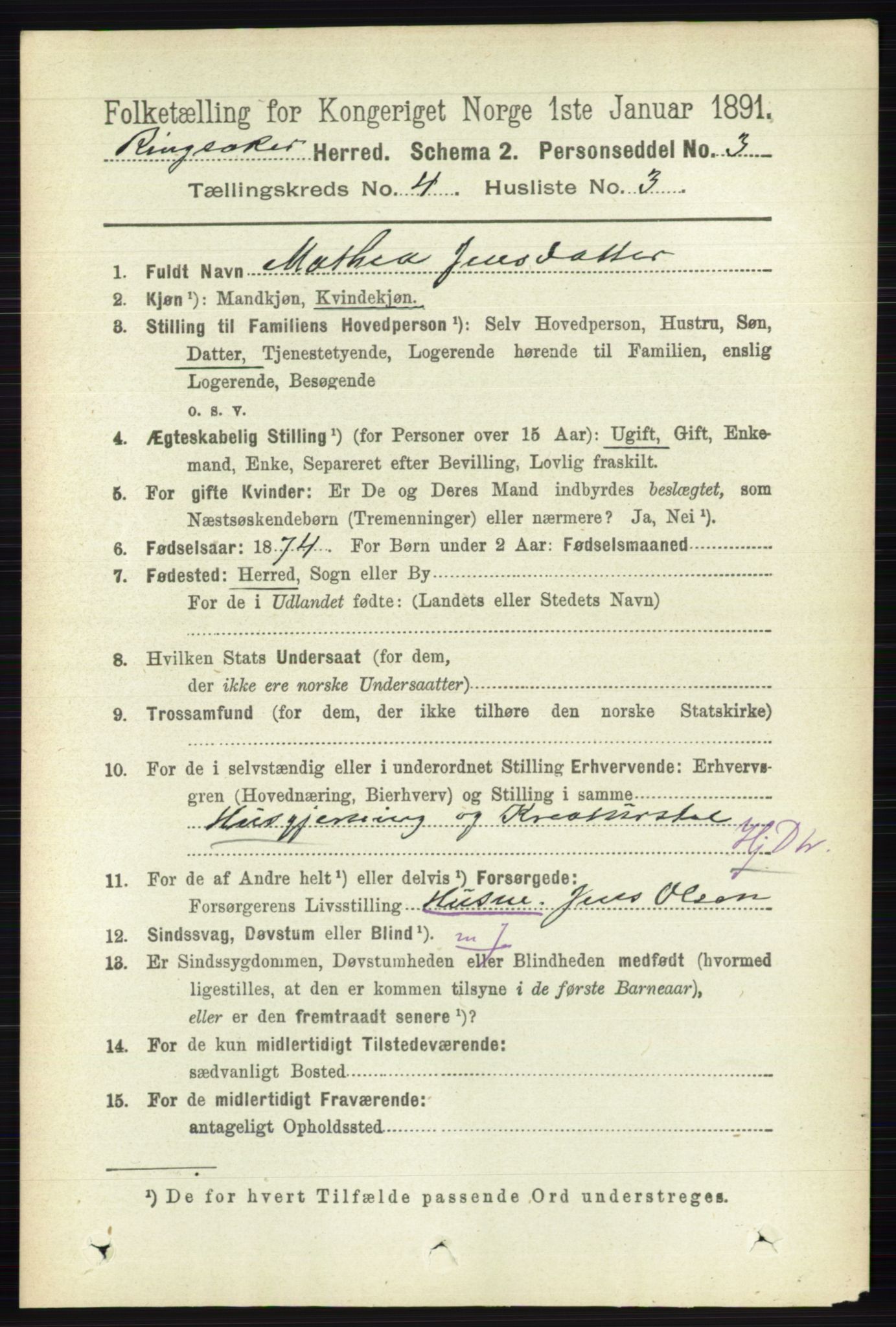 RA, 1891 census for 0412 Ringsaker, 1891, p. 1788