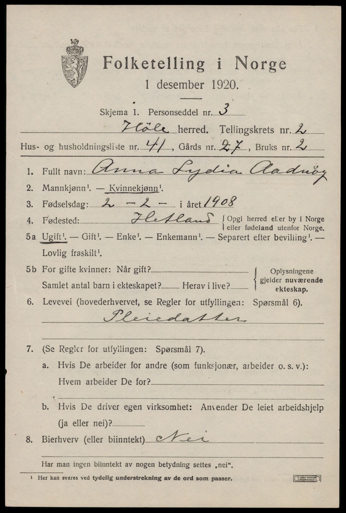 SAST, 1920 census for Høle, 1920, p. 1011