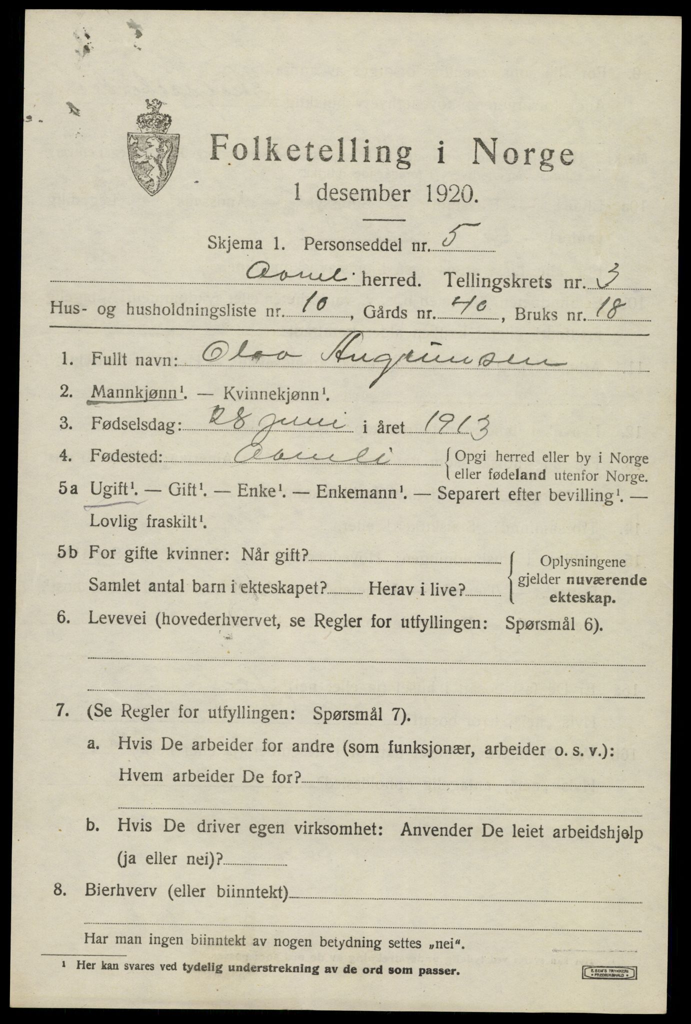 SAK, 1920 census for Åmli, 1920, p. 1379