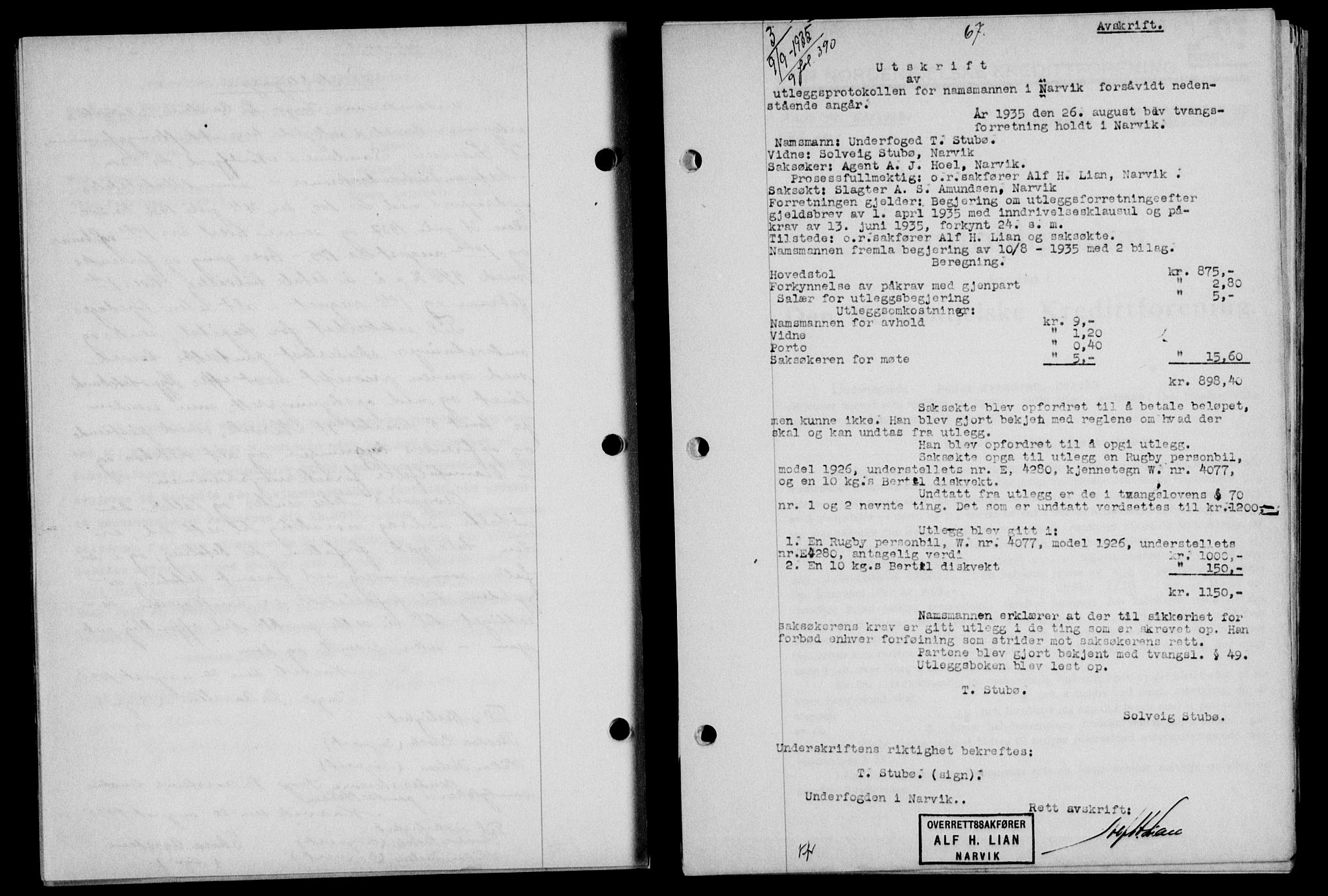 Narvik sorenskriveri, SAT/A-0002/1/2/2C/2Ca/L0011: Mortgage book no. 14, 1935-1937, Deed date: 09.09.1935