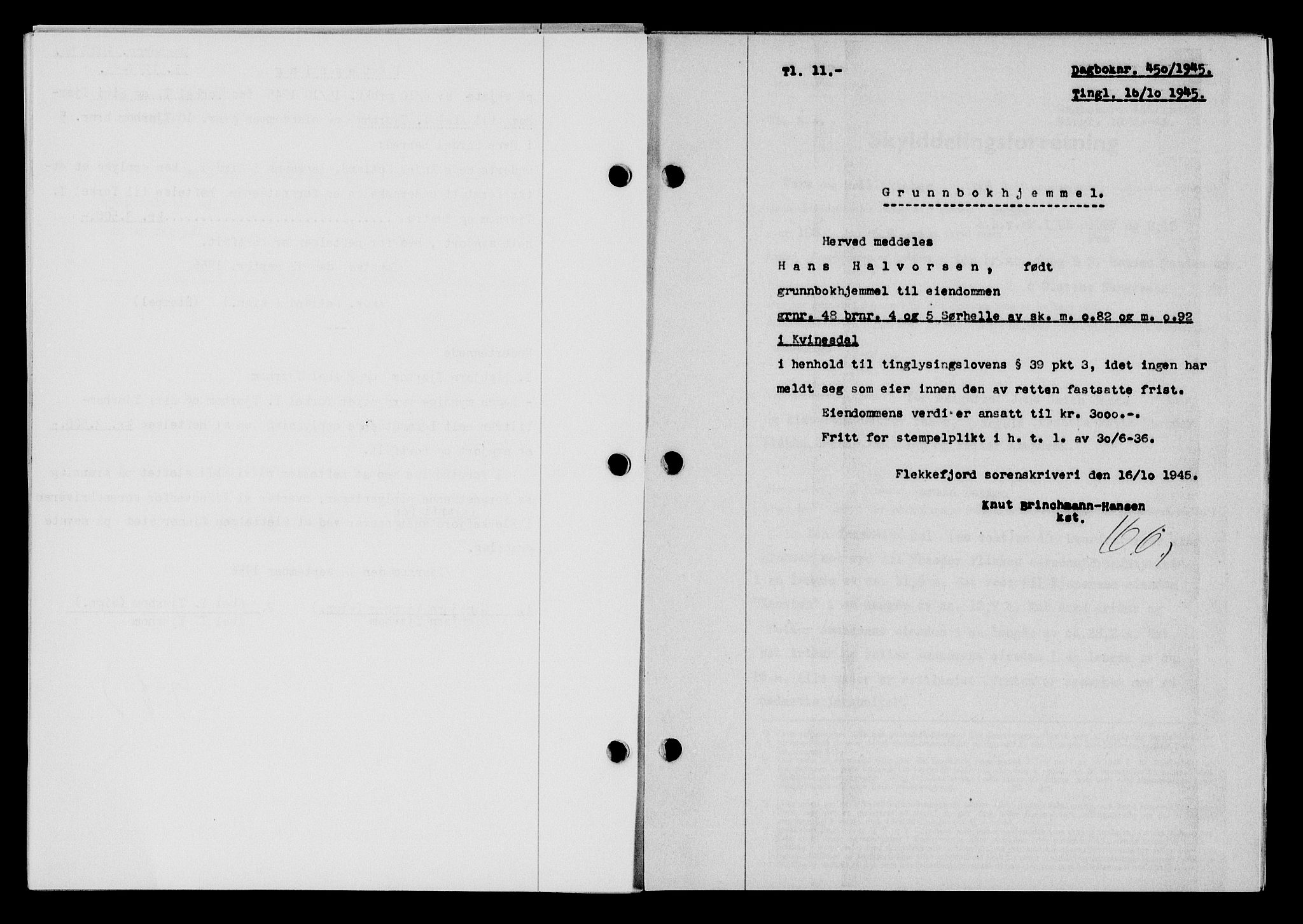 Flekkefjord sorenskriveri, SAK/1221-0001/G/Gb/Gba/L0060: Mortgage book no. A-8, 1945-1946, Diary no: : 450/1945