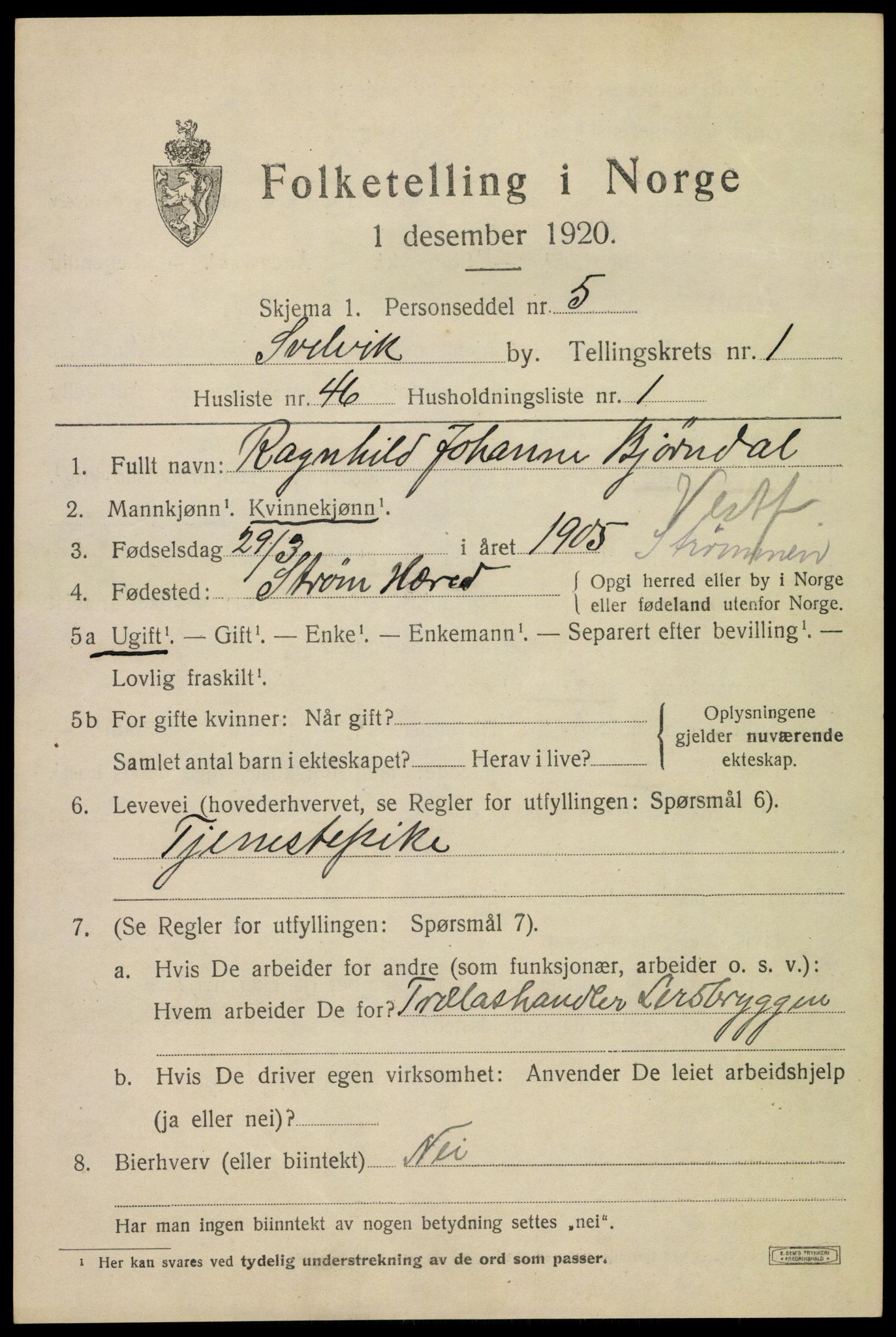 SAKO, 1920 census for Svelvik, 1920, p. 1681