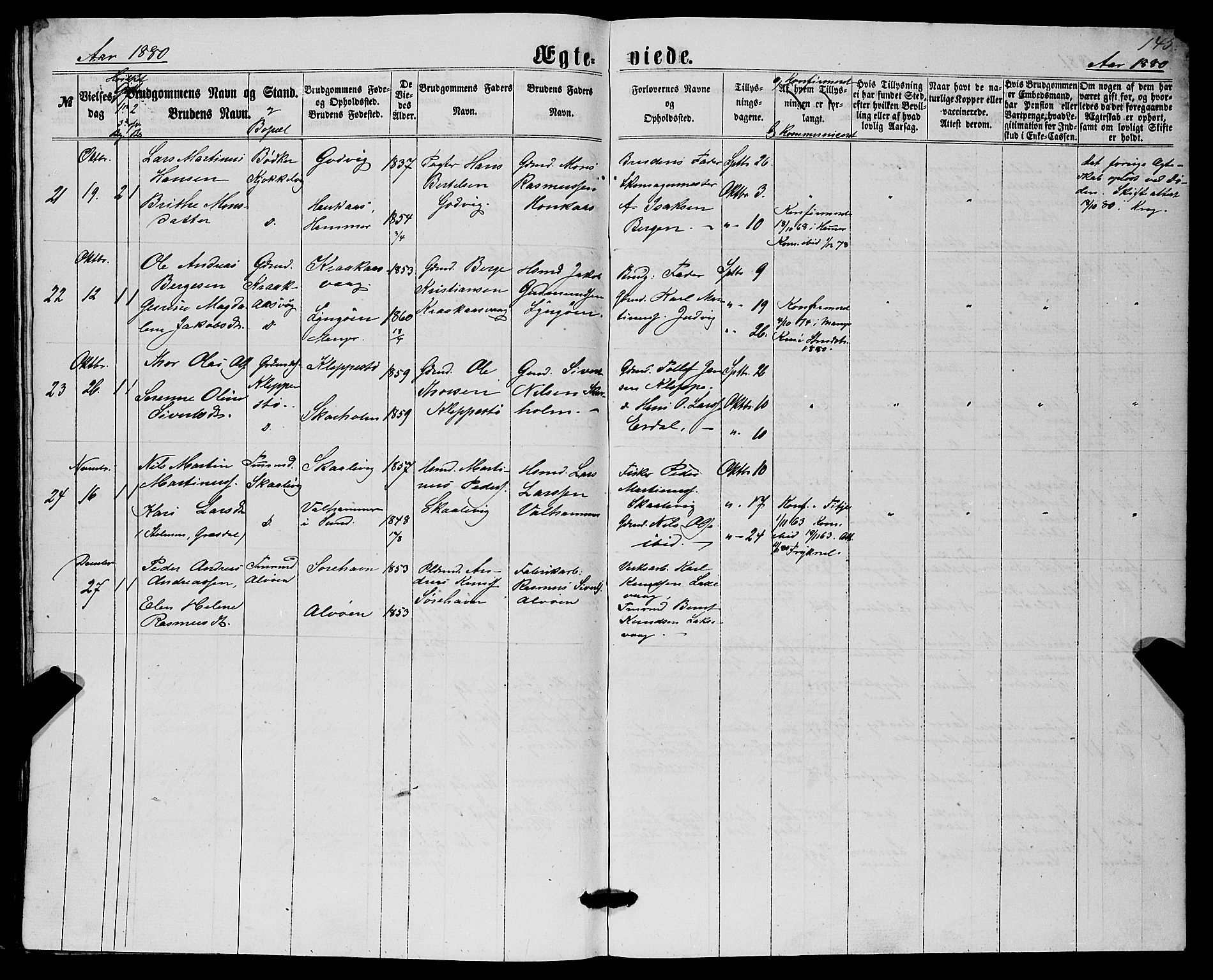 Askøy Sokneprestembete, AV/SAB-A-74101/H/Ha/Hab/Haba/L0006: Parish register (copy) no. A 6, 1861-1881, p. 145