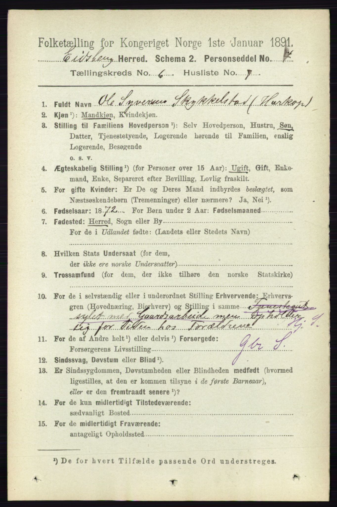 RA, 1891 census for 0125 Eidsberg, 1891, p. 3578