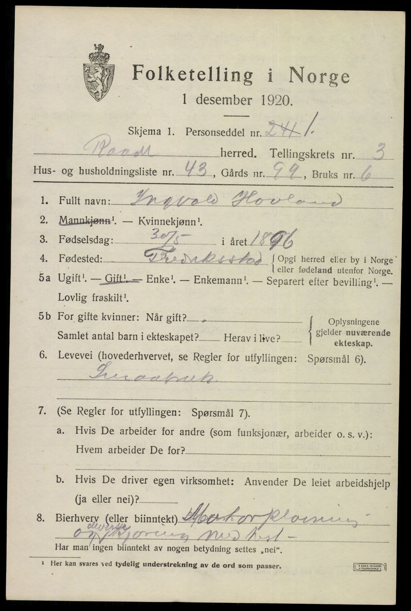 SAO, 1920 census for Råde, 1920, p. 3719