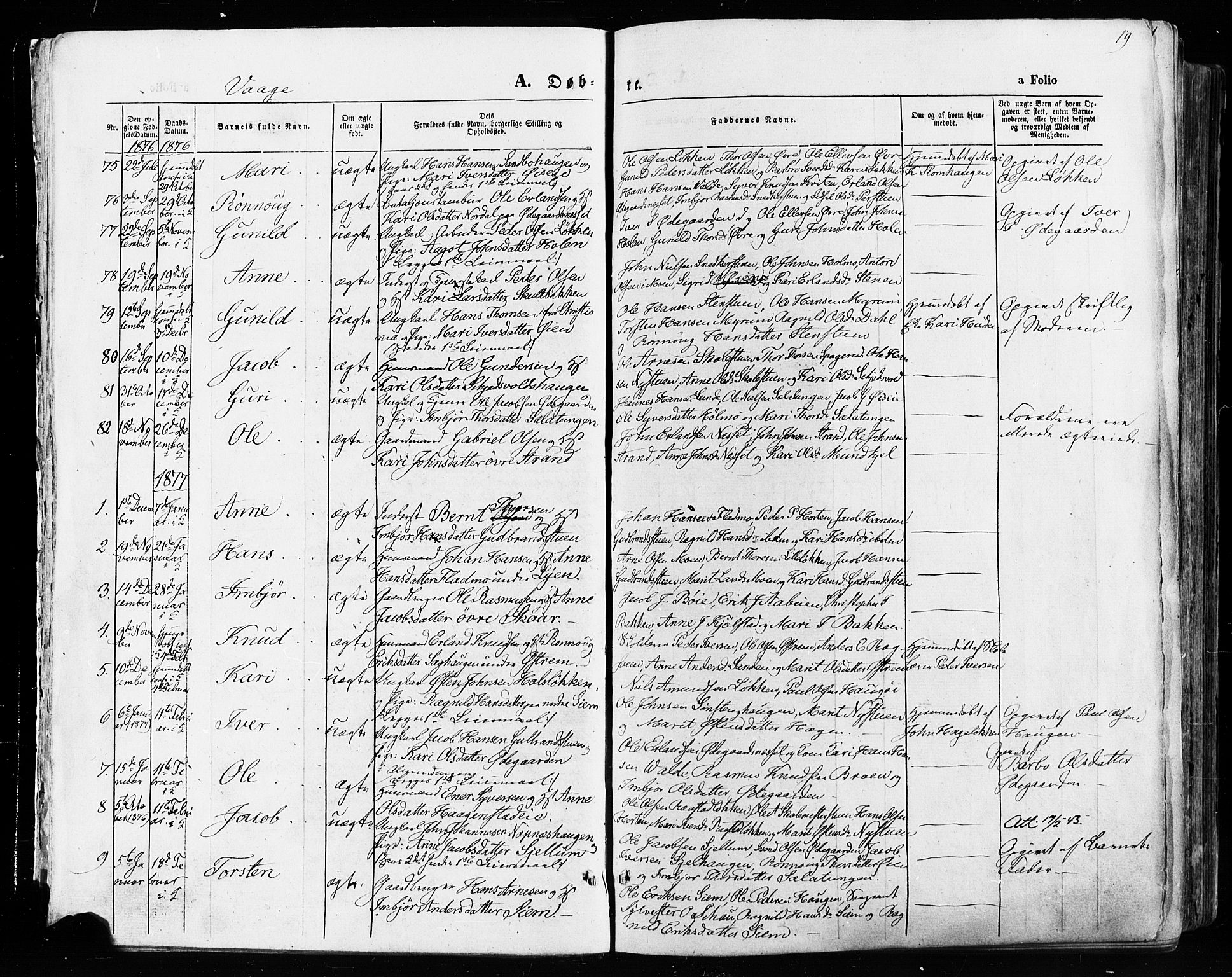 Vågå prestekontor, SAH/PREST-076/H/Ha/Haa/L0007: Parish register (official) no. 7 /1, 1872-1886, p. 19