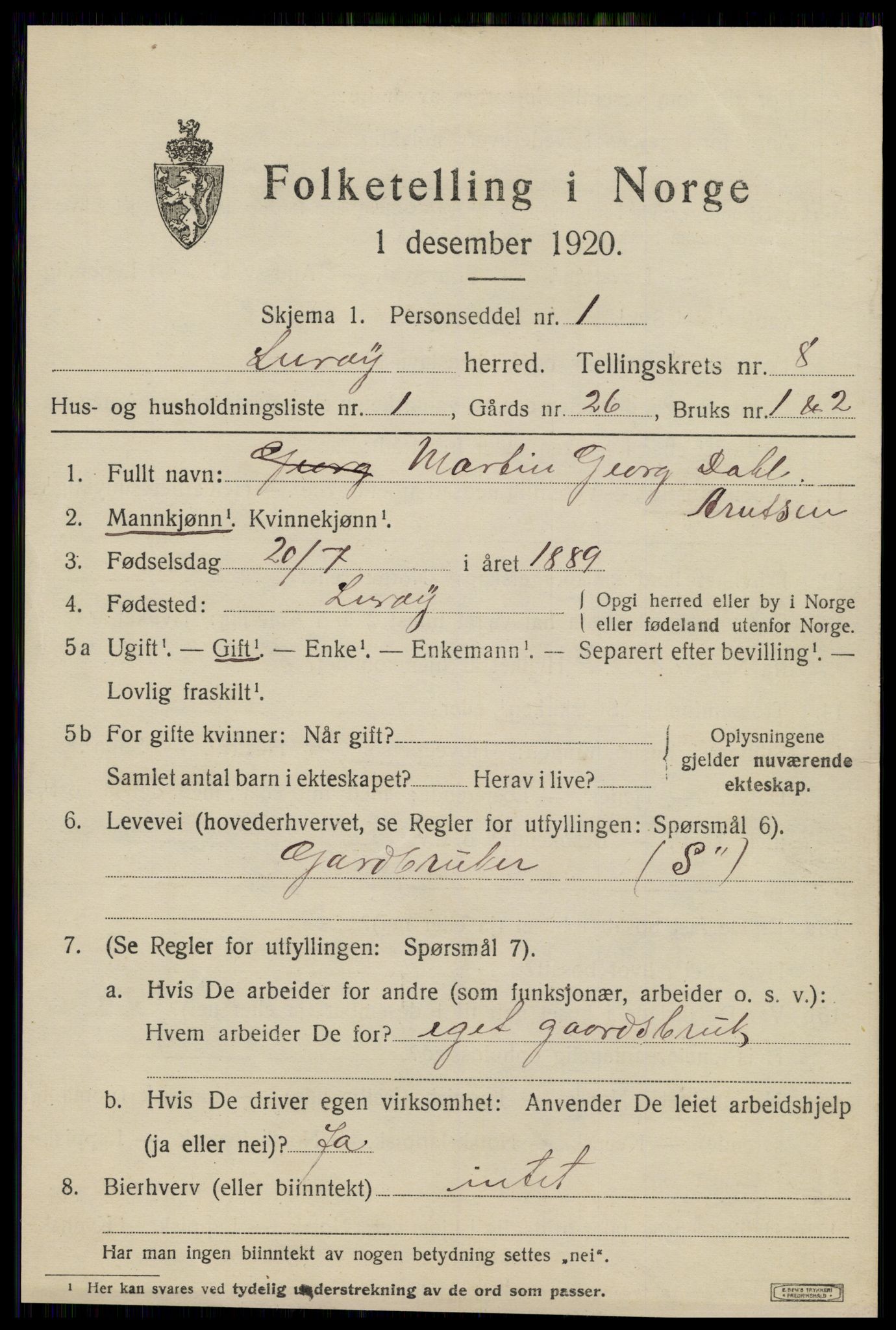 SAT, 1920 census for Lurøy, 1920, p. 3855