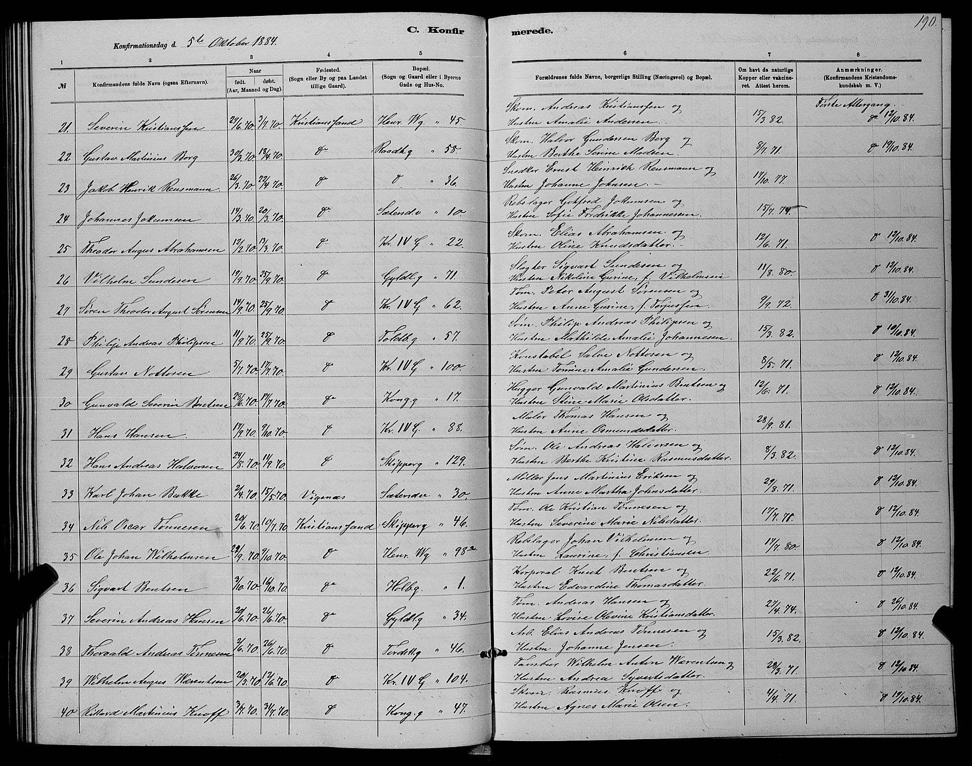 Kristiansand domprosti, SAK/1112-0006/F/Fb/L0016: Parish register (copy) no. B 16, 1881-1893, p. 190