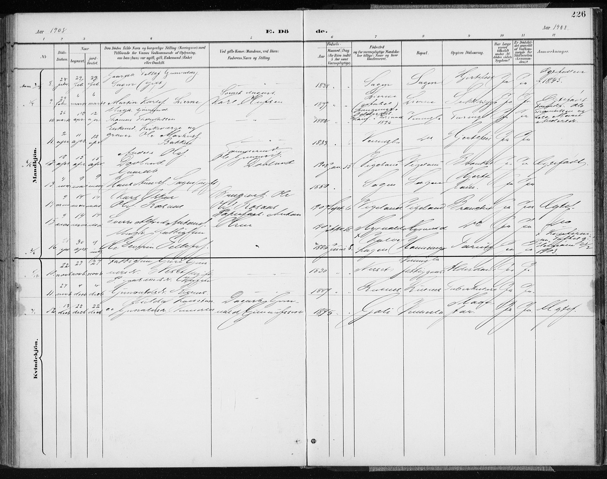 Vennesla sokneprestkontor, AV/SAK-1111-0045/Fa/Fab/L0005: Parish register (official) no. A 5, 1897-1909, p. 226