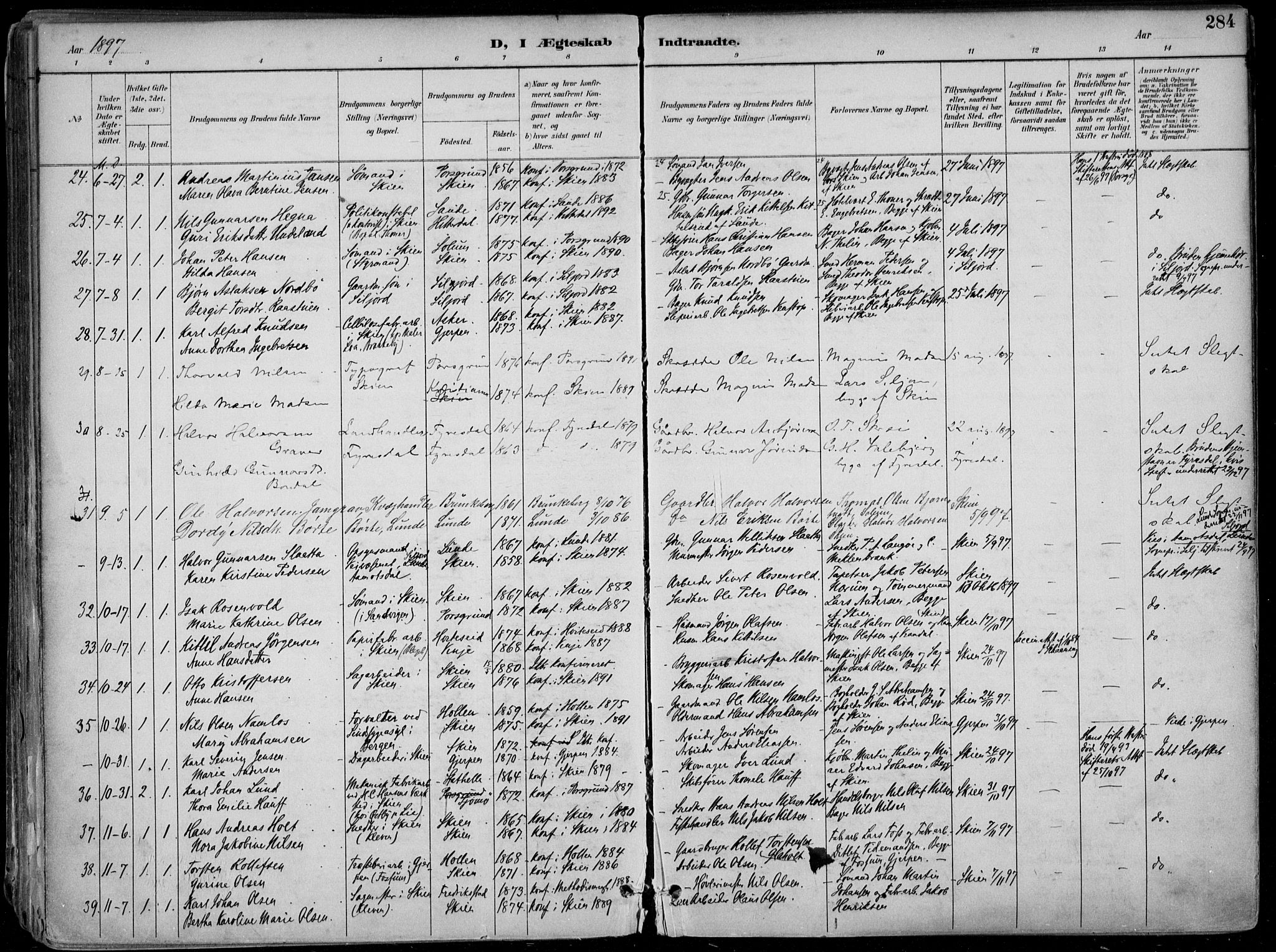 Skien kirkebøker, SAKO/A-302/F/Fa/L0010: Parish register (official) no. 10, 1891-1899, p. 284