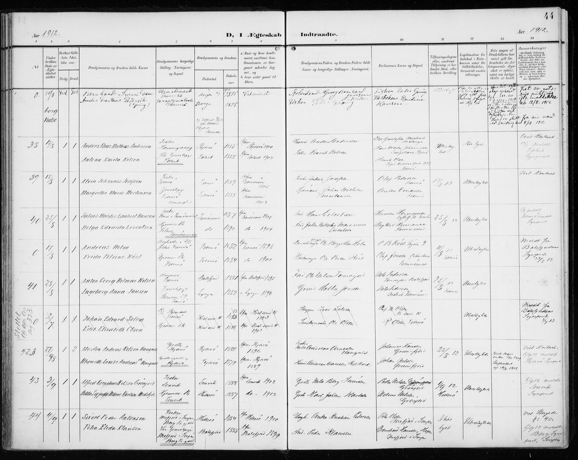 Tromsø sokneprestkontor/stiftsprosti/domprosti, AV/SATØ-S-1343/G/Ga/L0018kirke: Parish register (official) no. 18, 1907-1917, p. 44