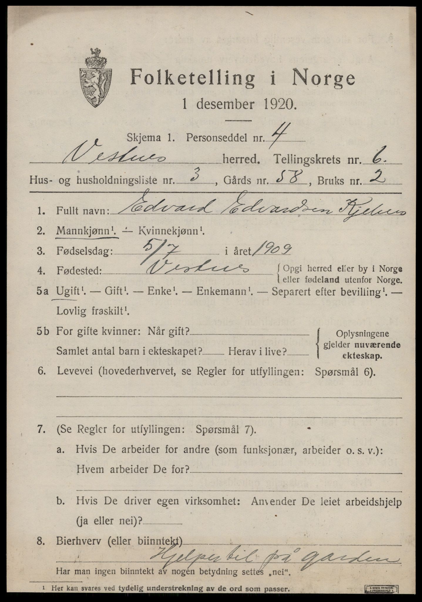 SAT, 1920 census for Vestnes, 1920, p. 4339