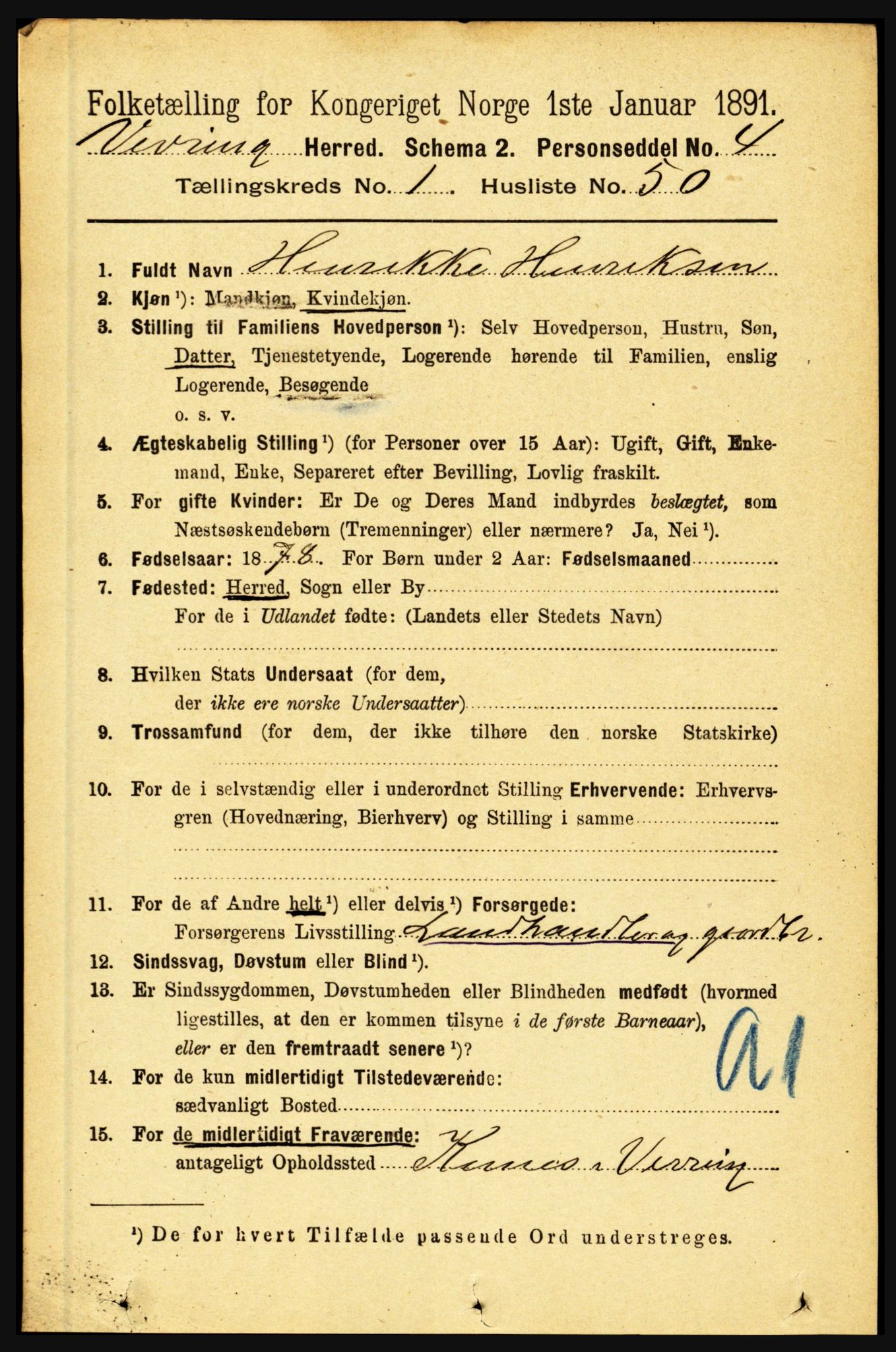 RA, 1891 census for 1434 Vevring, 1891, p. 356