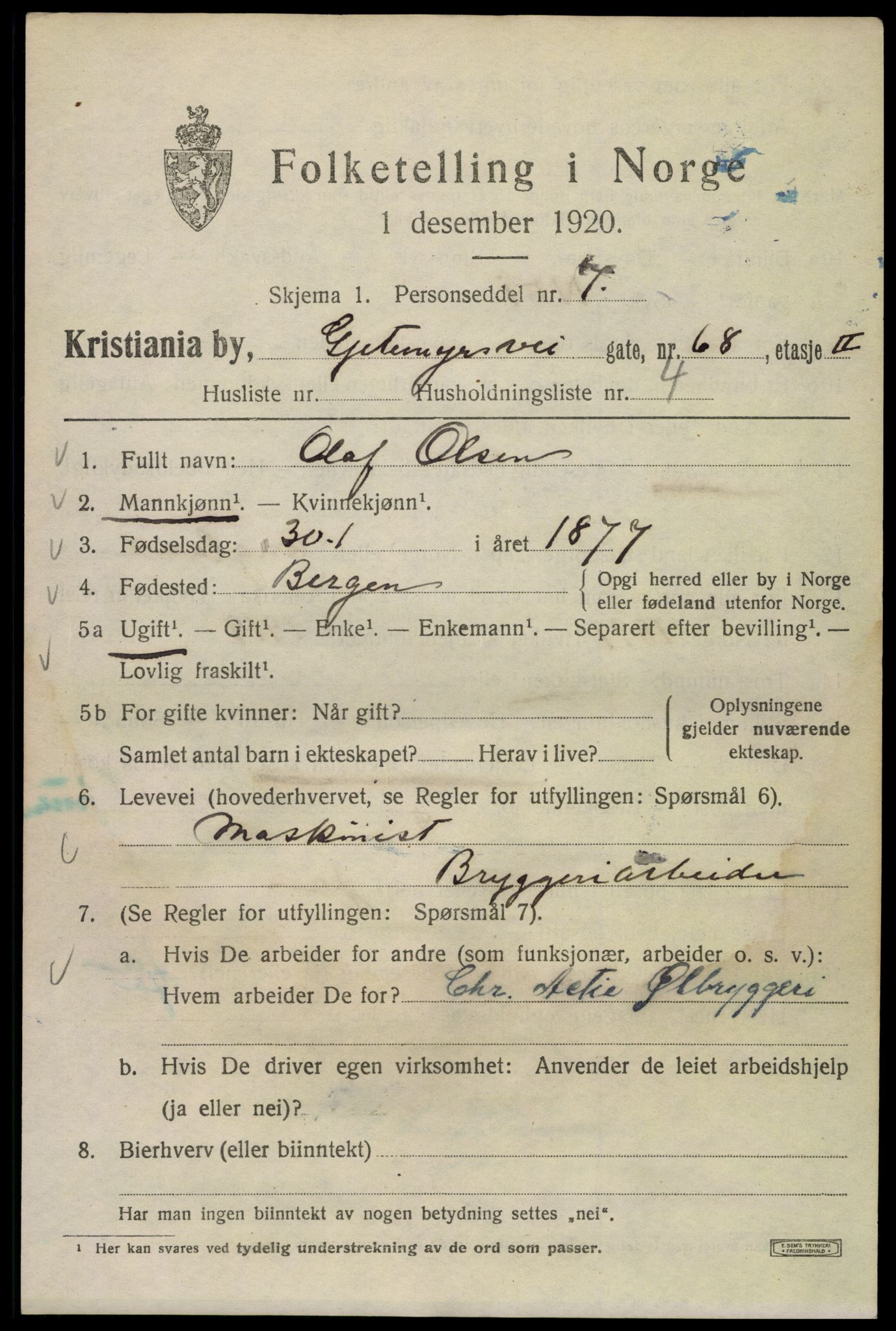 SAO, 1920 census for Kristiania, 1920, p. 250109