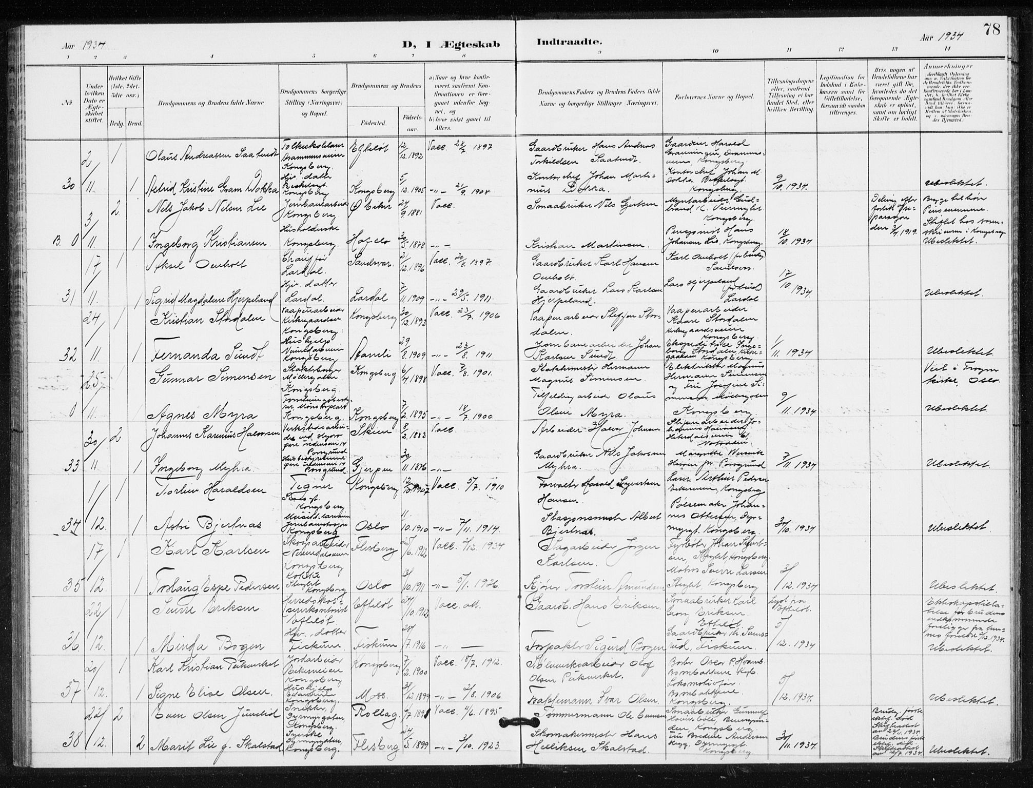 Kongsberg kirkebøker, AV/SAKO-A-22/G/Ga/L0009: Parish register (copy) no. 9, 1932-1938, p. 78