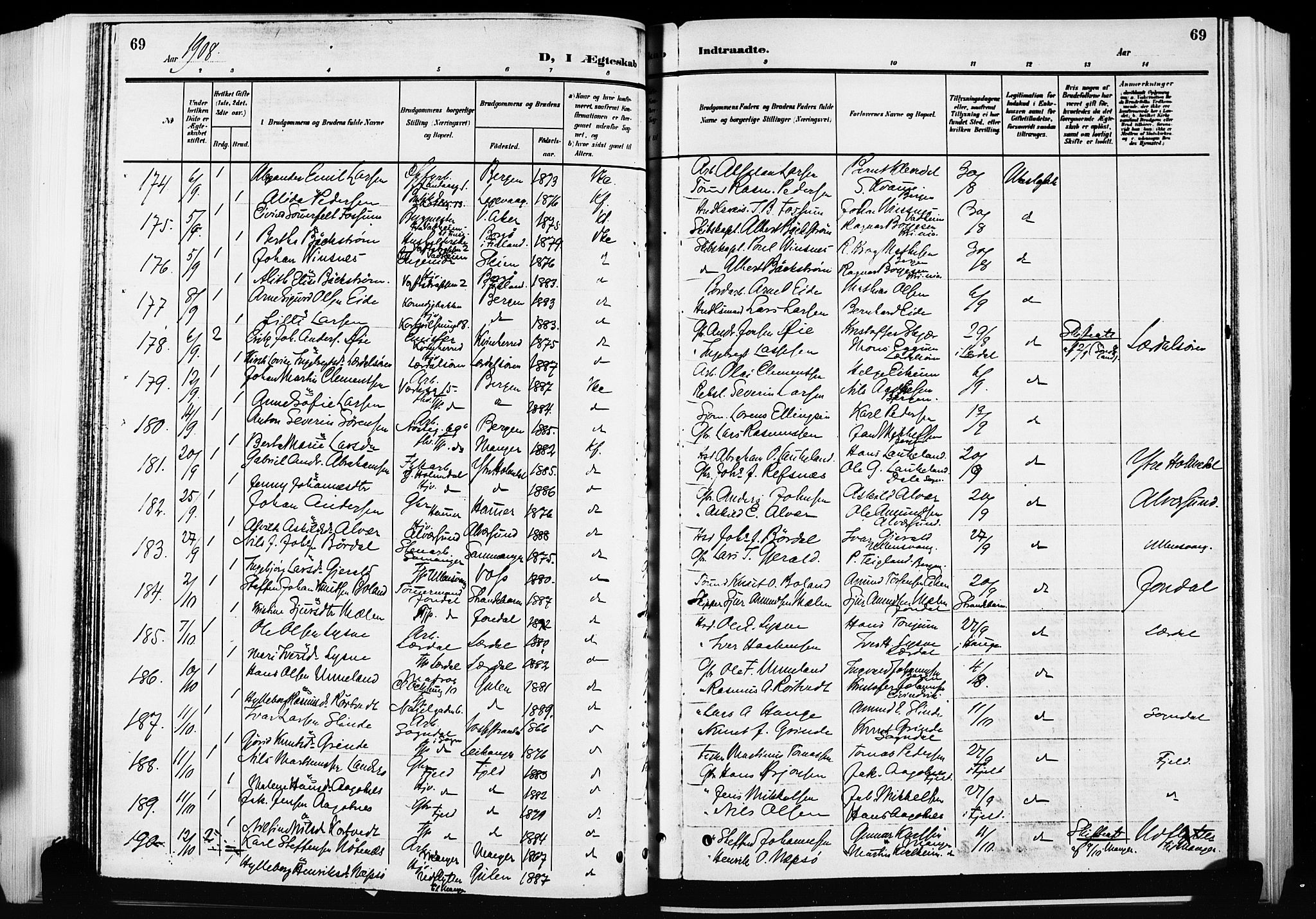 Nykirken Sokneprestembete, AV/SAB-A-77101/H/Hab: Parish register (copy) no. D 3, 1905-1913, p. 69