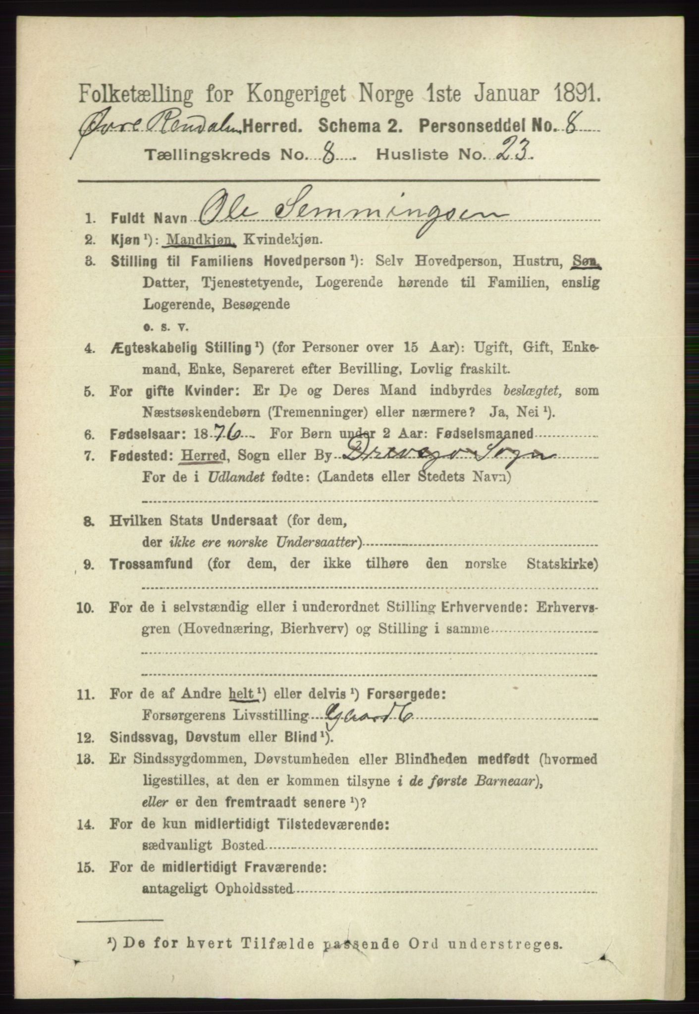 RA, 1891 census for 0433 Øvre Rendal, 1891, p. 2158