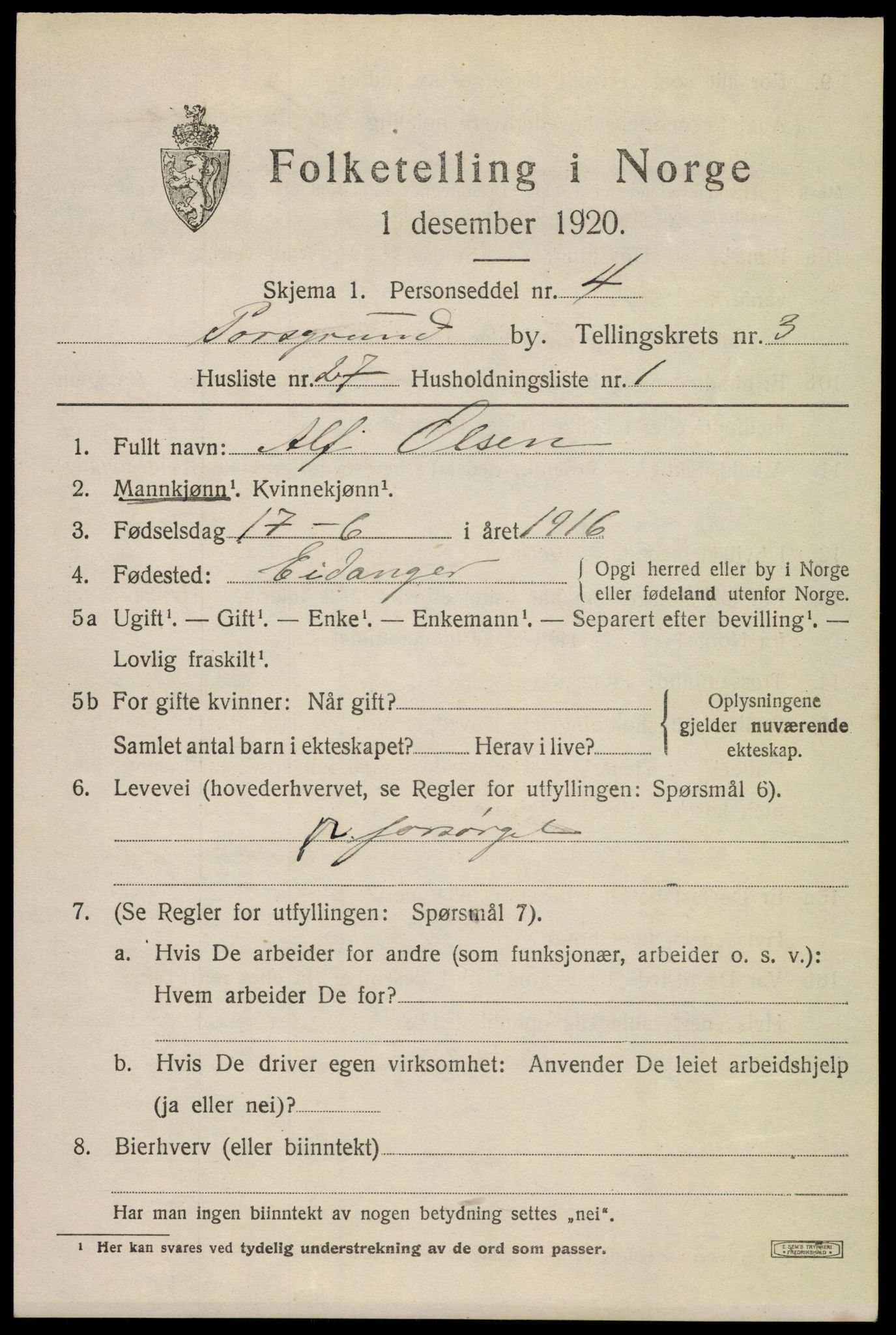 SAKO, 1920 census for Porsgrunn, 1920, p. 14765