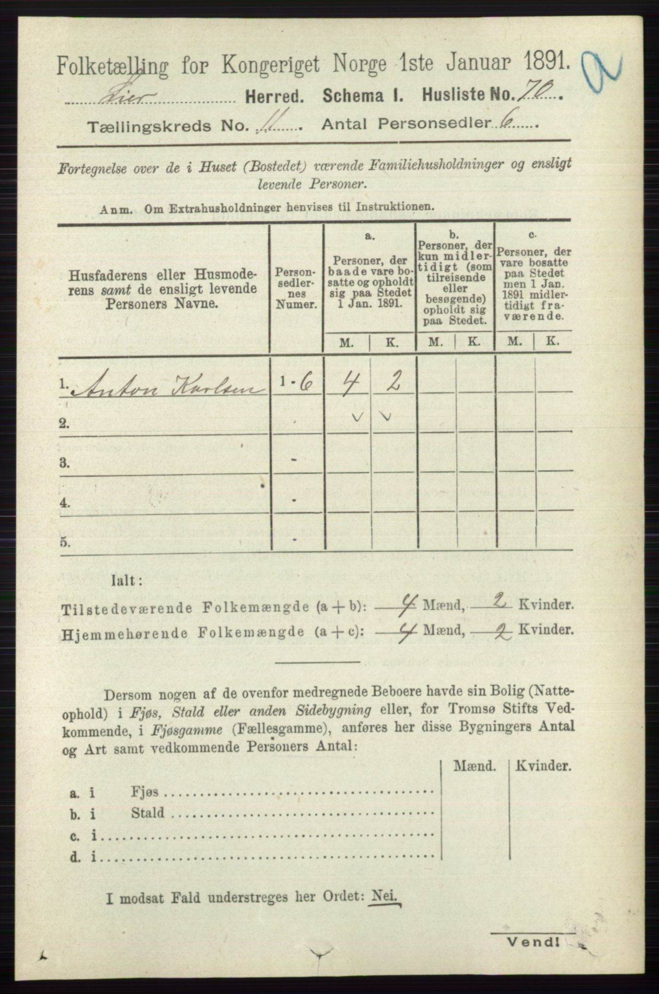 RA, 1891 census for 0626 Lier, 1891, p. 6852