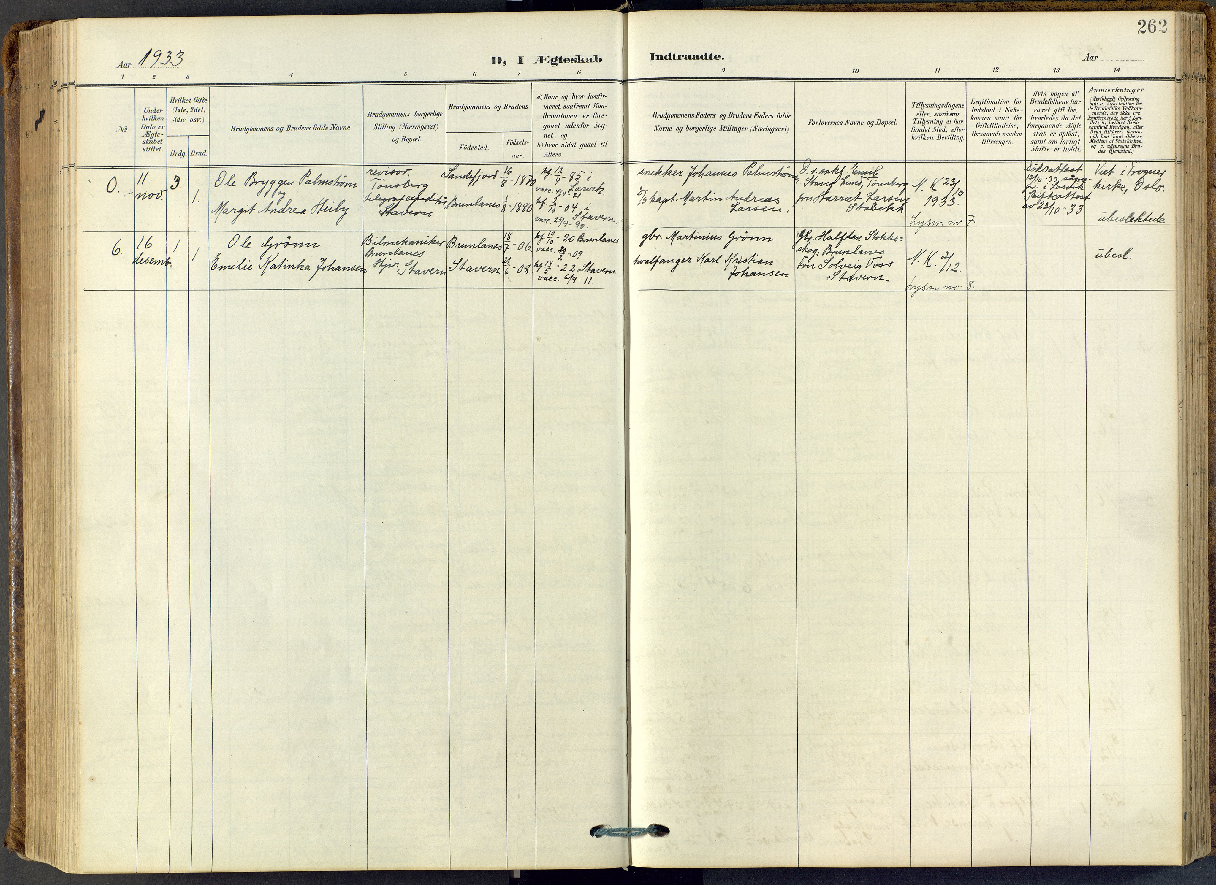 Stavern kirkebøker, SAKO/A-318/F/Fa/L0009: Parish register (official) no. 9, 1906-1955, p. 262