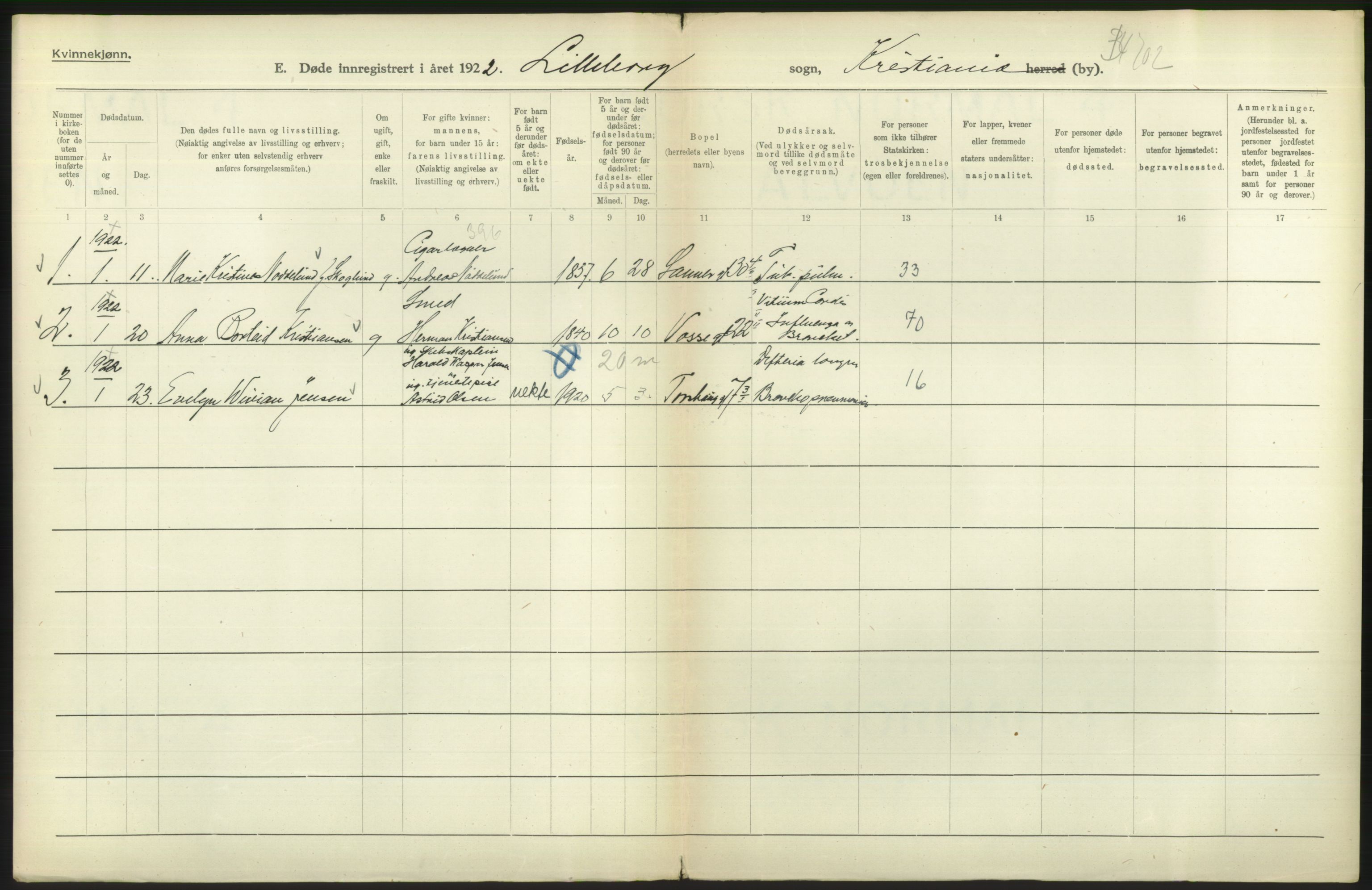 Statistisk sentralbyrå, Sosiodemografiske emner, Befolkning, AV/RA-S-2228/D/Df/Dfc/Dfcb/L0009: Kristiania: Døde, 1922, p. 488