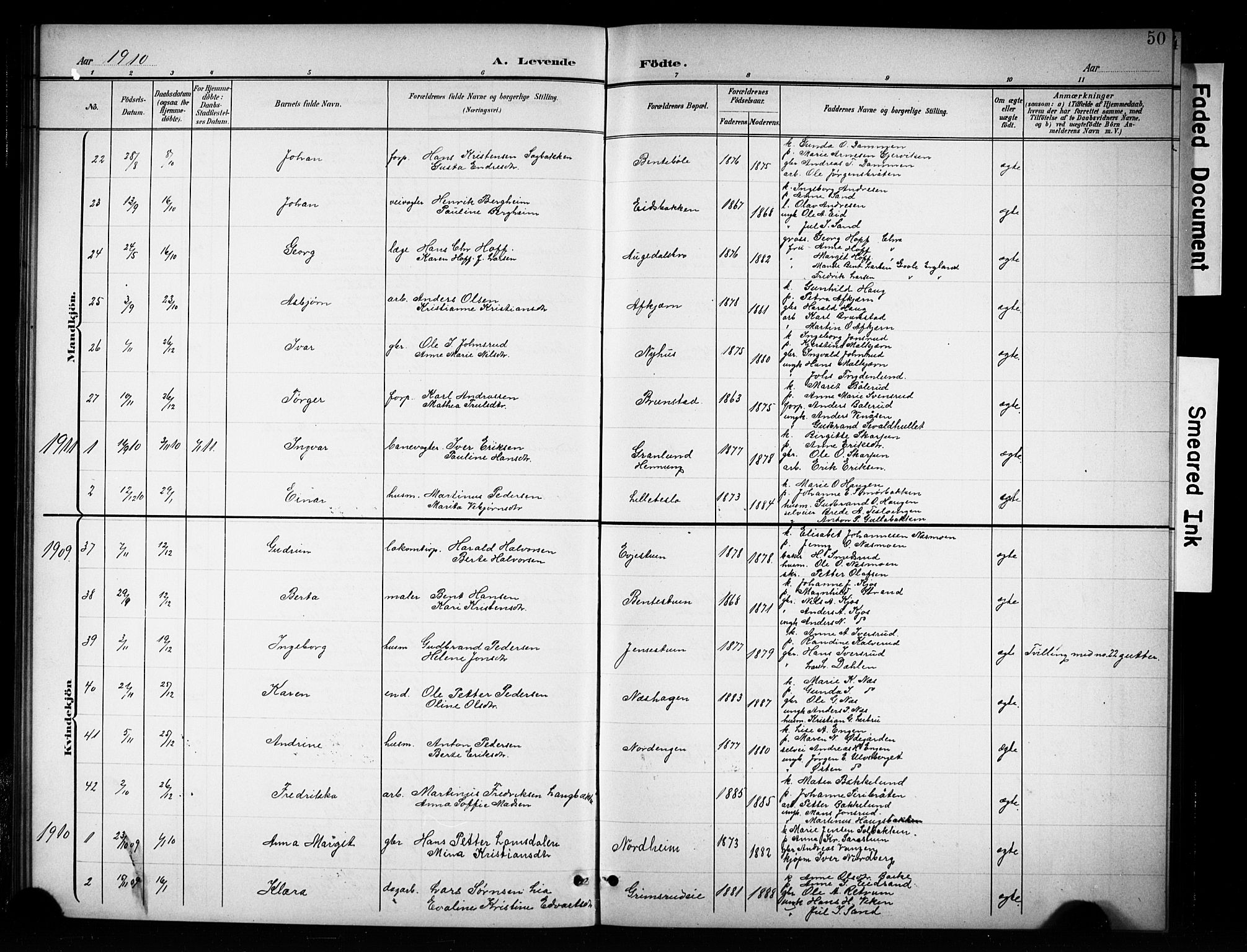 Brandbu prestekontor, SAH/PREST-114/H/Ha/Hab/L0005: Parish register (copy) no. 5, 1900-1913, p. 50