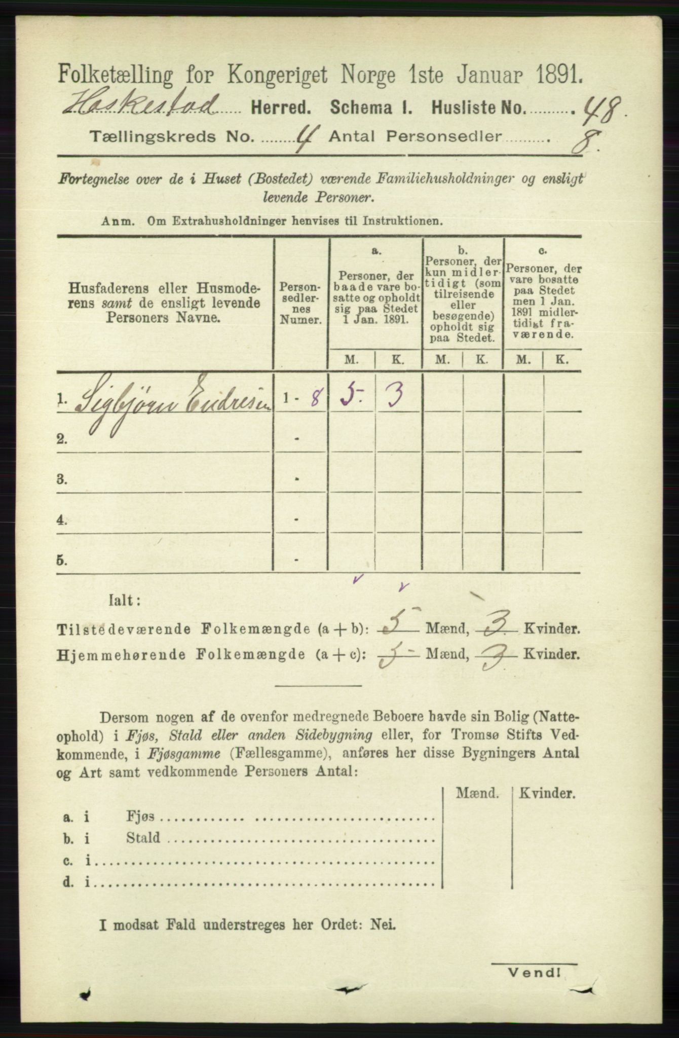 RA, 1891 census for 1113 Heskestad, 1891, p. 538