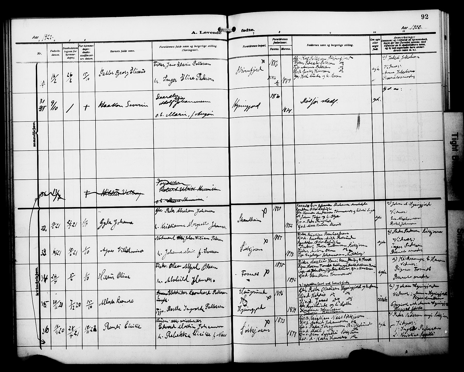 Skjervøy sokneprestkontor, AV/SATØ-S-1300/H/Ha/Hab/L0022klokker: Parish register (copy) no. 22, 1910-1926, p. 92