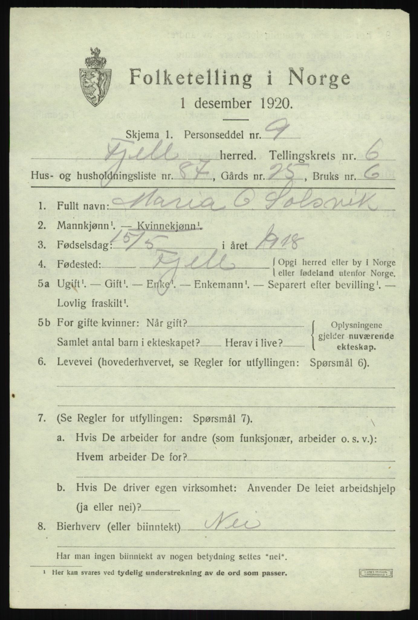 SAB, 1920 census for Fjell, 1920, p. 6398