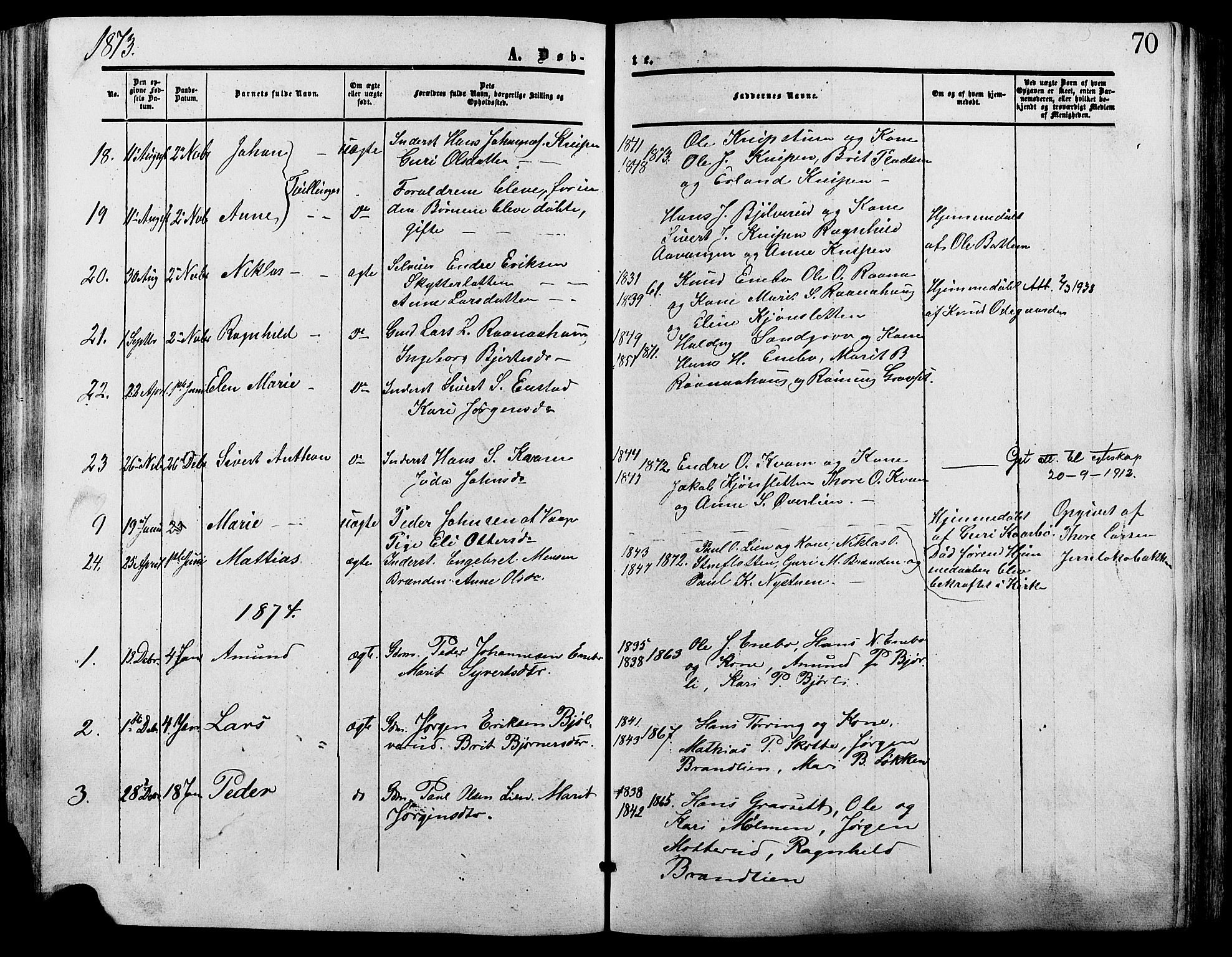 Lesja prestekontor, SAH/PREST-068/H/Ha/Haa/L0009: Parish register (official) no. 9, 1854-1889, p. 70