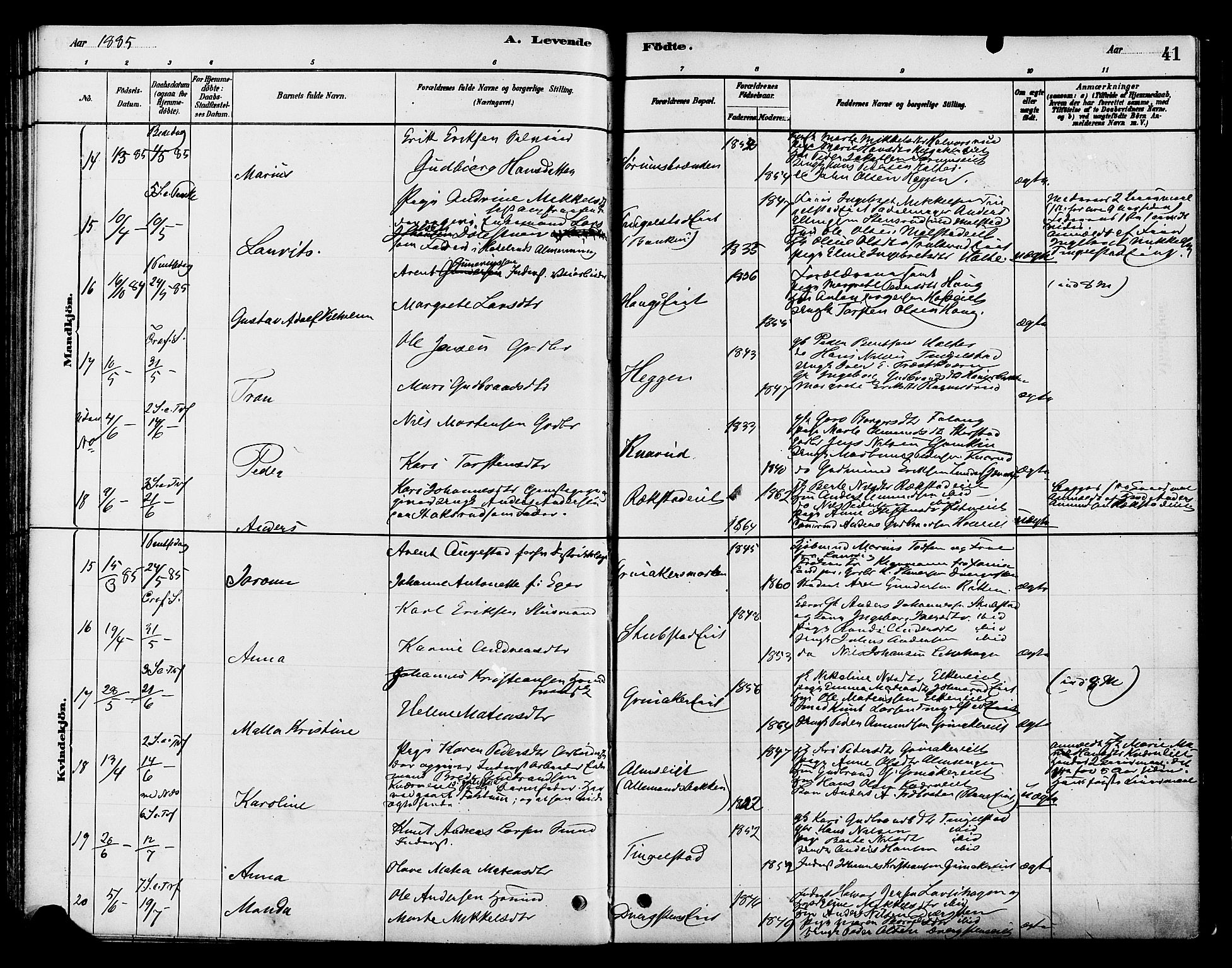 Gran prestekontor, SAH/PREST-112/H/Ha/Haa/L0016: Parish register (official) no. 16, 1880-1888, p. 41
