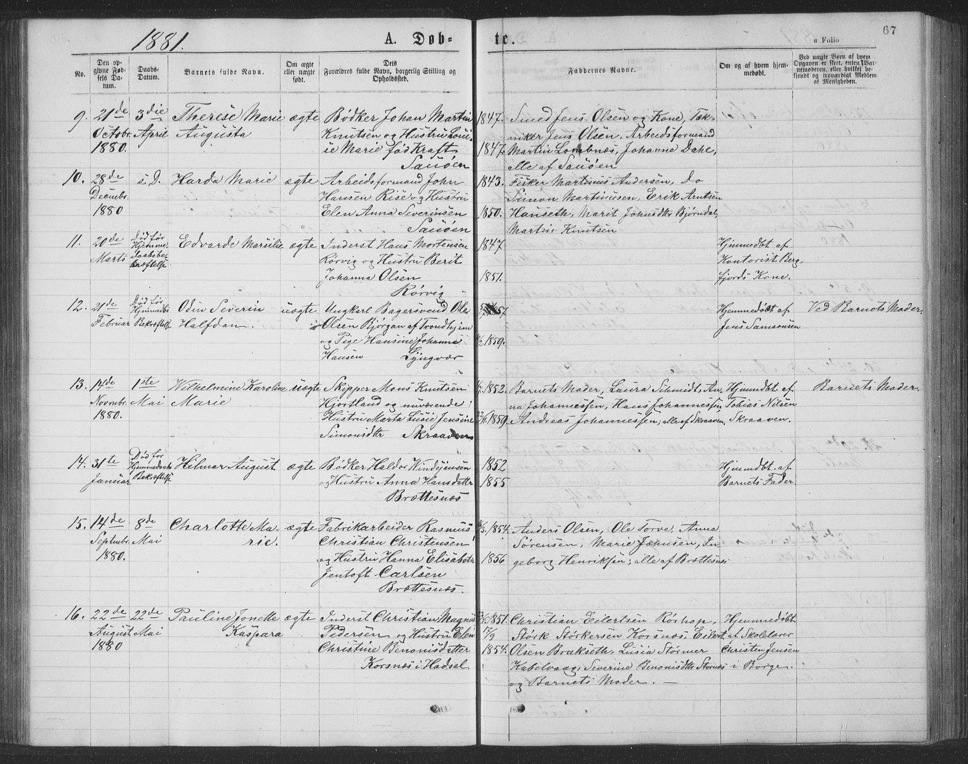 Ministerialprotokoller, klokkerbøker og fødselsregistre - Nordland, AV/SAT-A-1459/874/L1075: Parish register (copy) no. 874C04, 1876-1883, p. 67