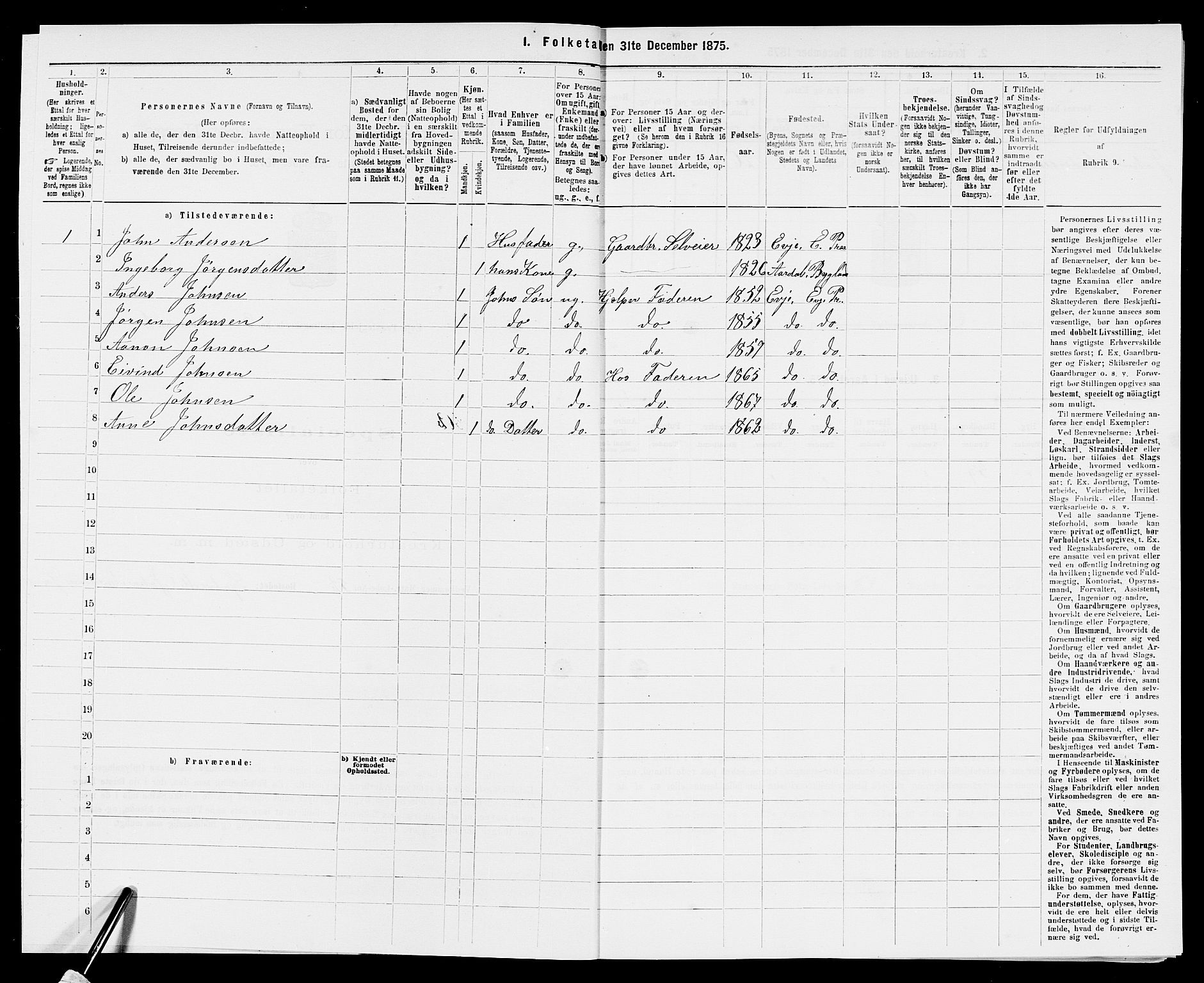 SAK, 1875 census for 0934P Evje, 1875, p. 188