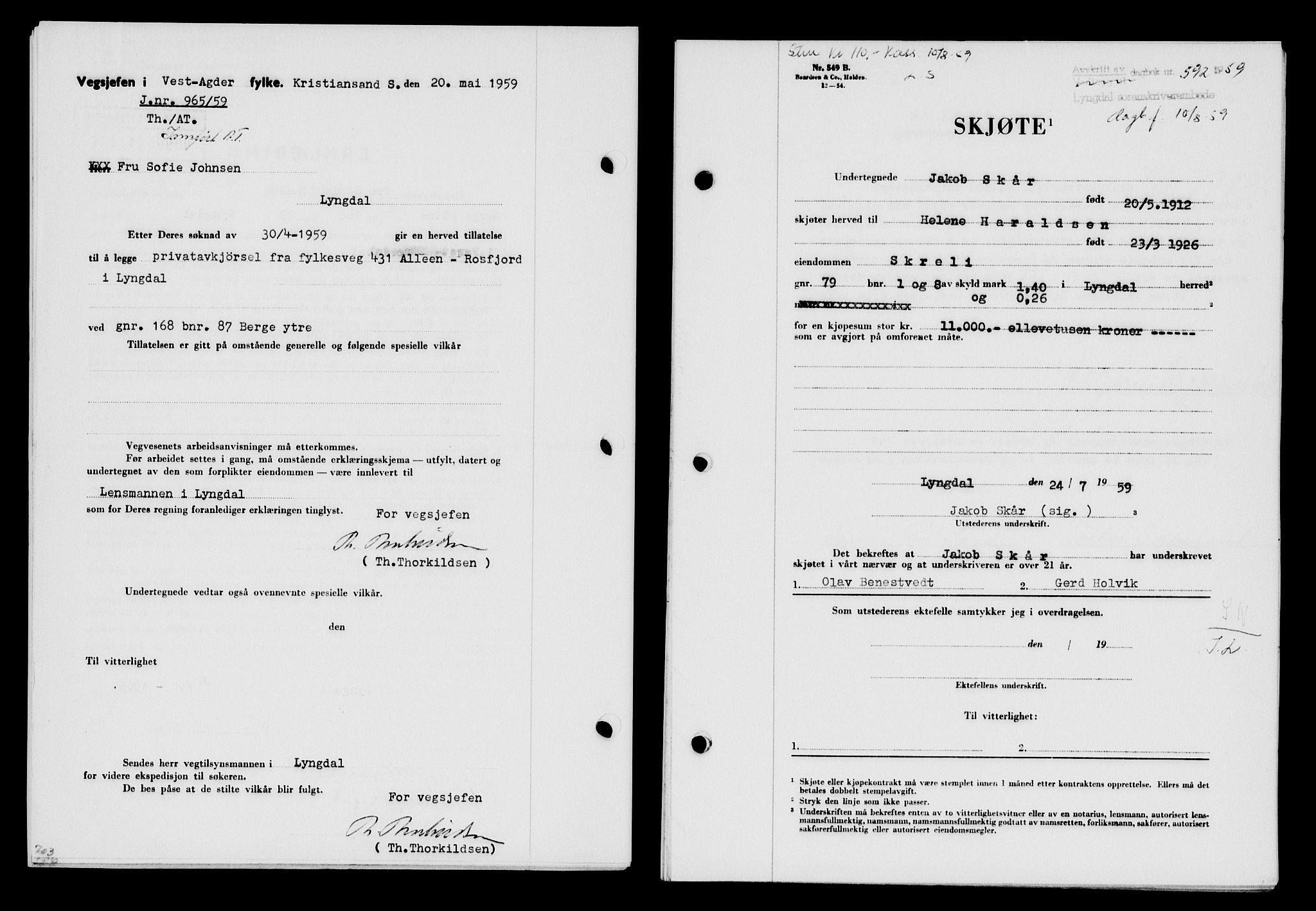 Lyngdal sorenskriveri, AV/SAK-1221-0004/G/Gb/L0679: Mortgage book no. A XXV, 1959-1960, Diary no: : 592/1959