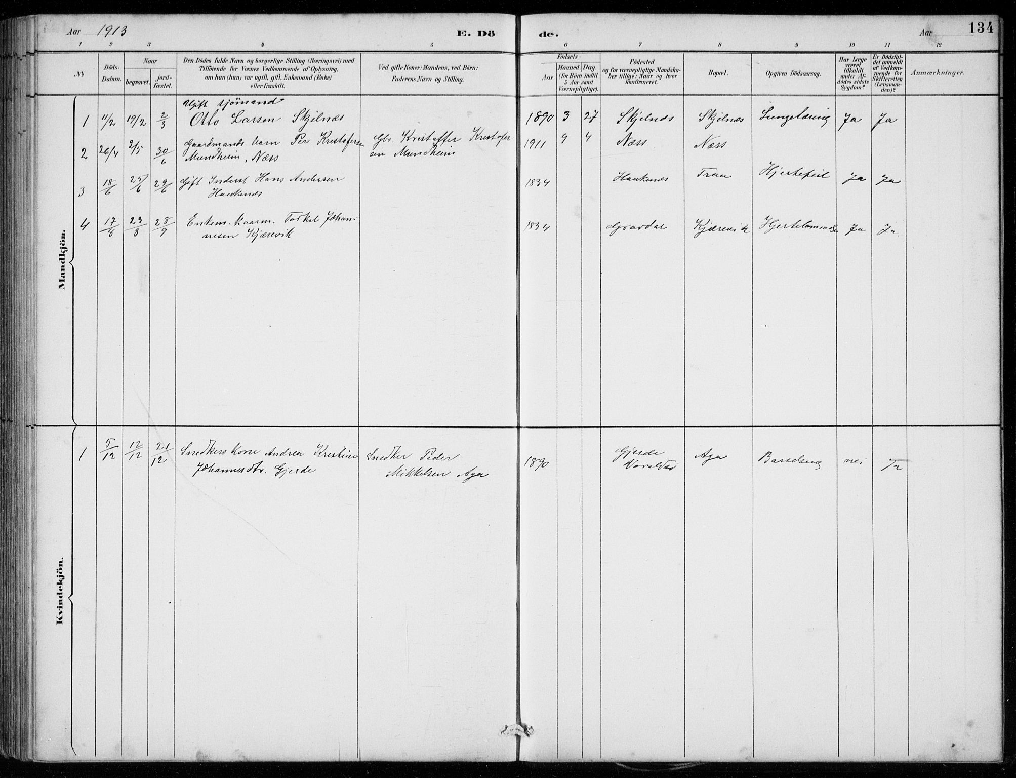 Strandebarm sokneprestembete, AV/SAB-A-78401/H/Hab: Parish register (copy) no. C  1, 1891-1913, p. 134