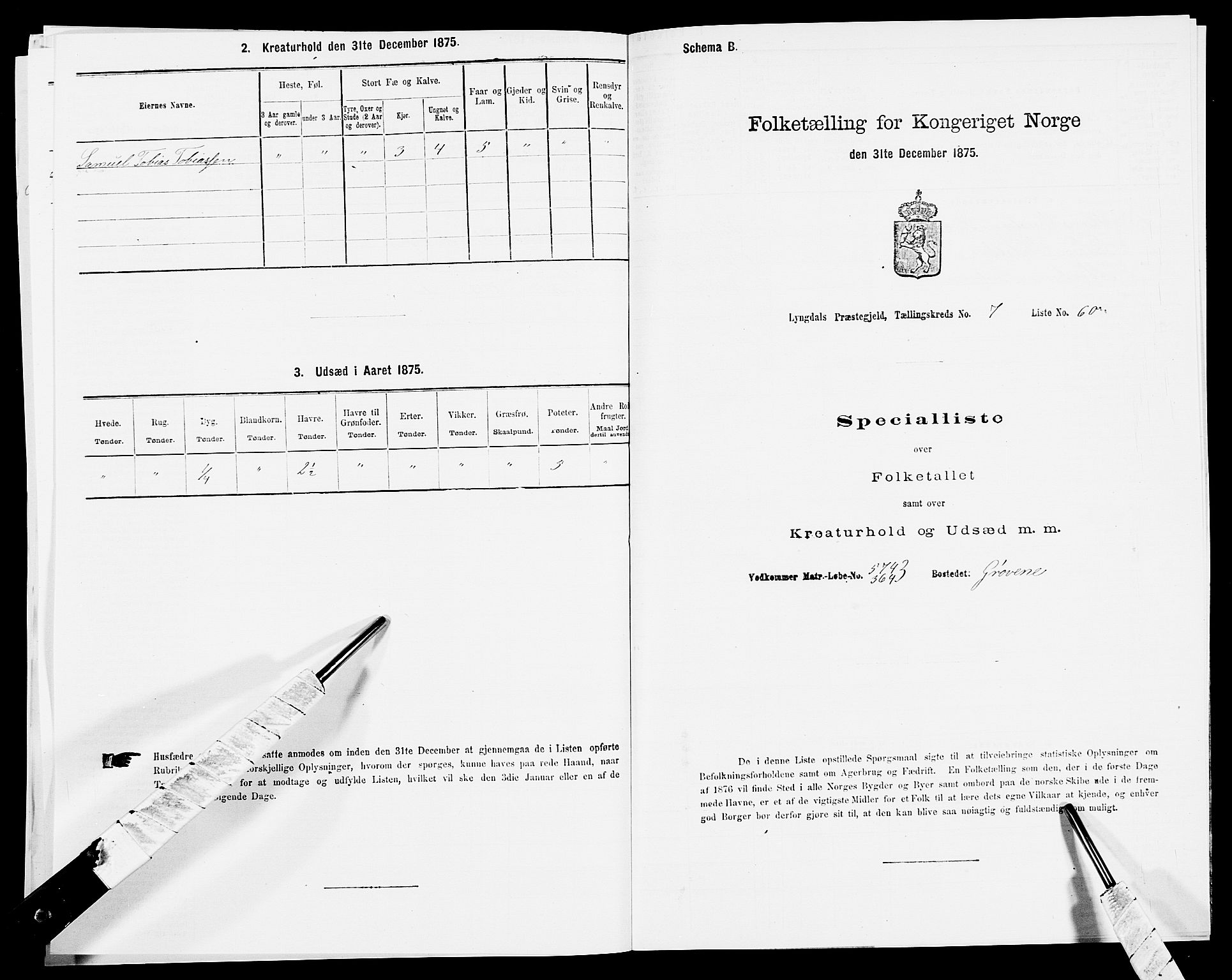 SAK, 1875 census for 1032P Lyngdal, 1875, p. 1225